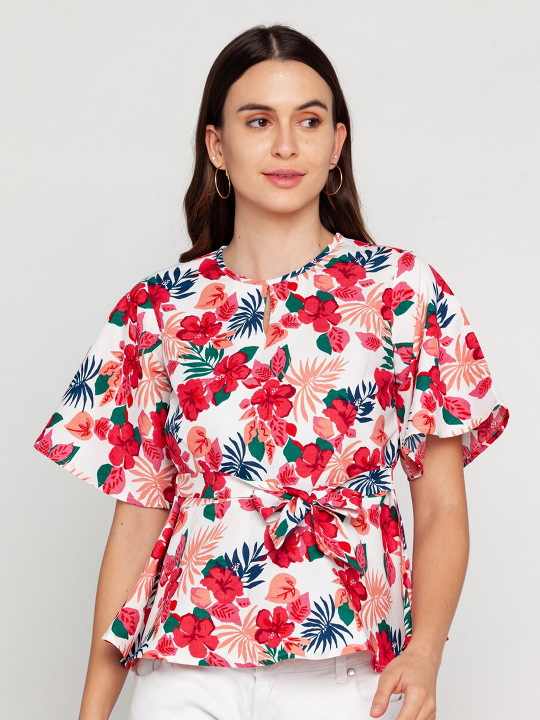 Zink London White & Red Floral Print Flutter Sleeves Top