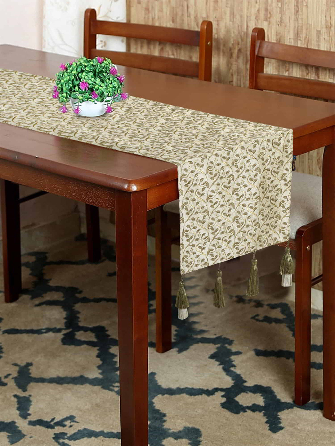 Mezposh Beige Floral Embroidered Faux Silk 6 Seater Table Runner
