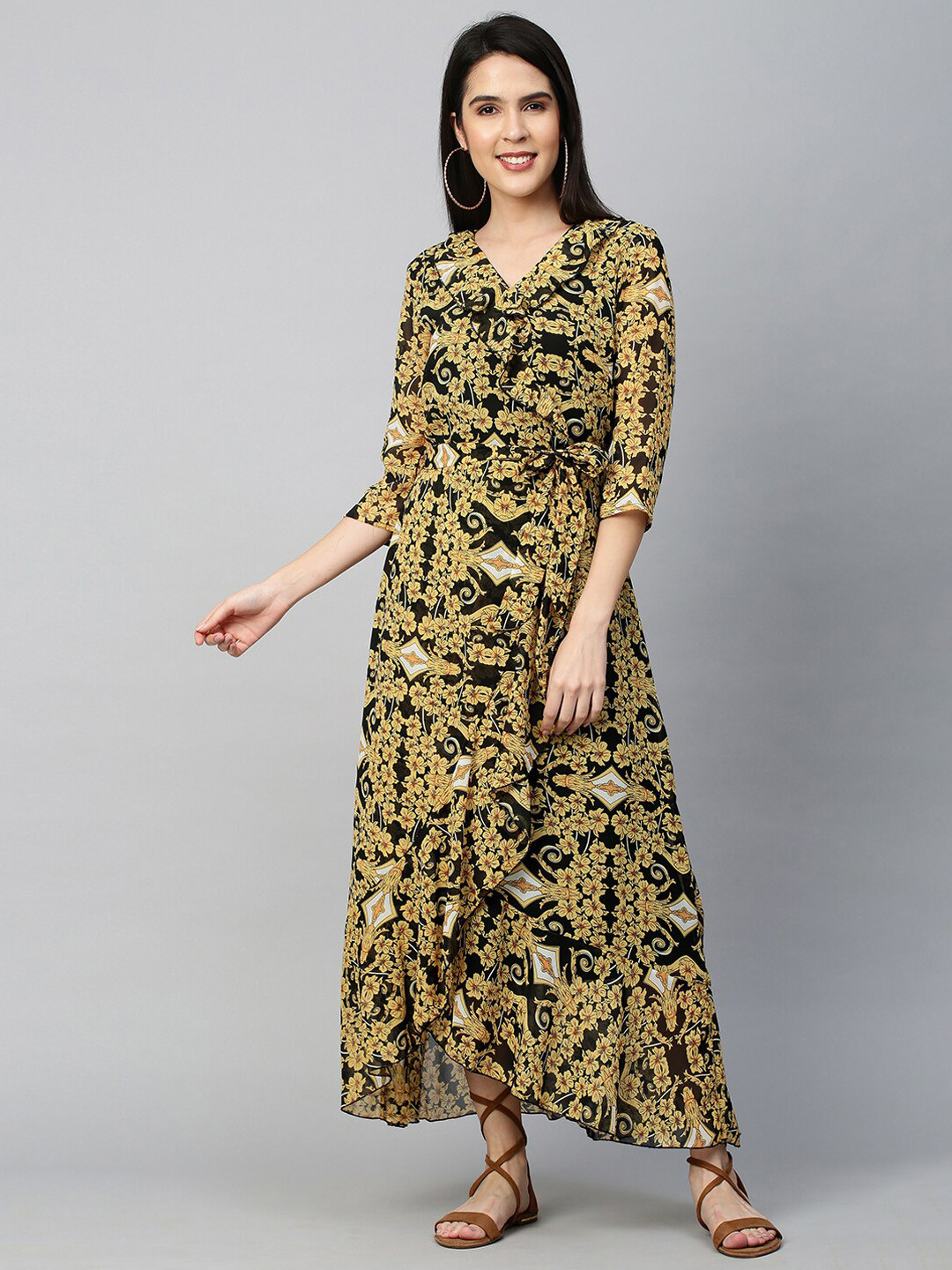 FASHOR Yellow & Black Ethnic Motifs Ruffles Georgette Maxi Dress with Belt