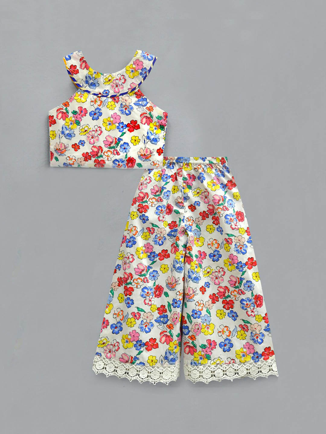 A.T.U.N. Girls White Floral Cotton Top and Palazzo Set