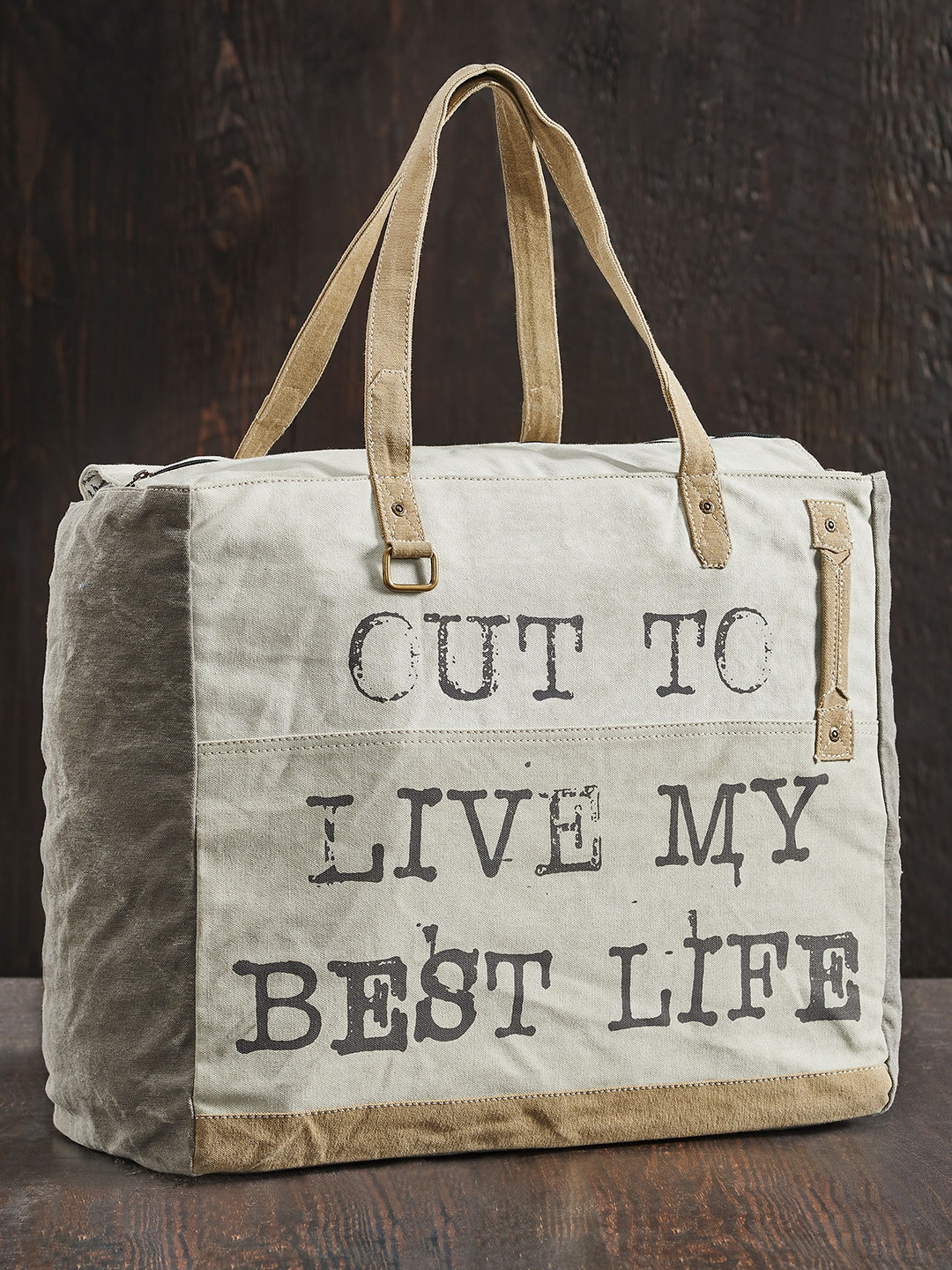 Mona B White Printed Upcycled Canvas Tote Bag