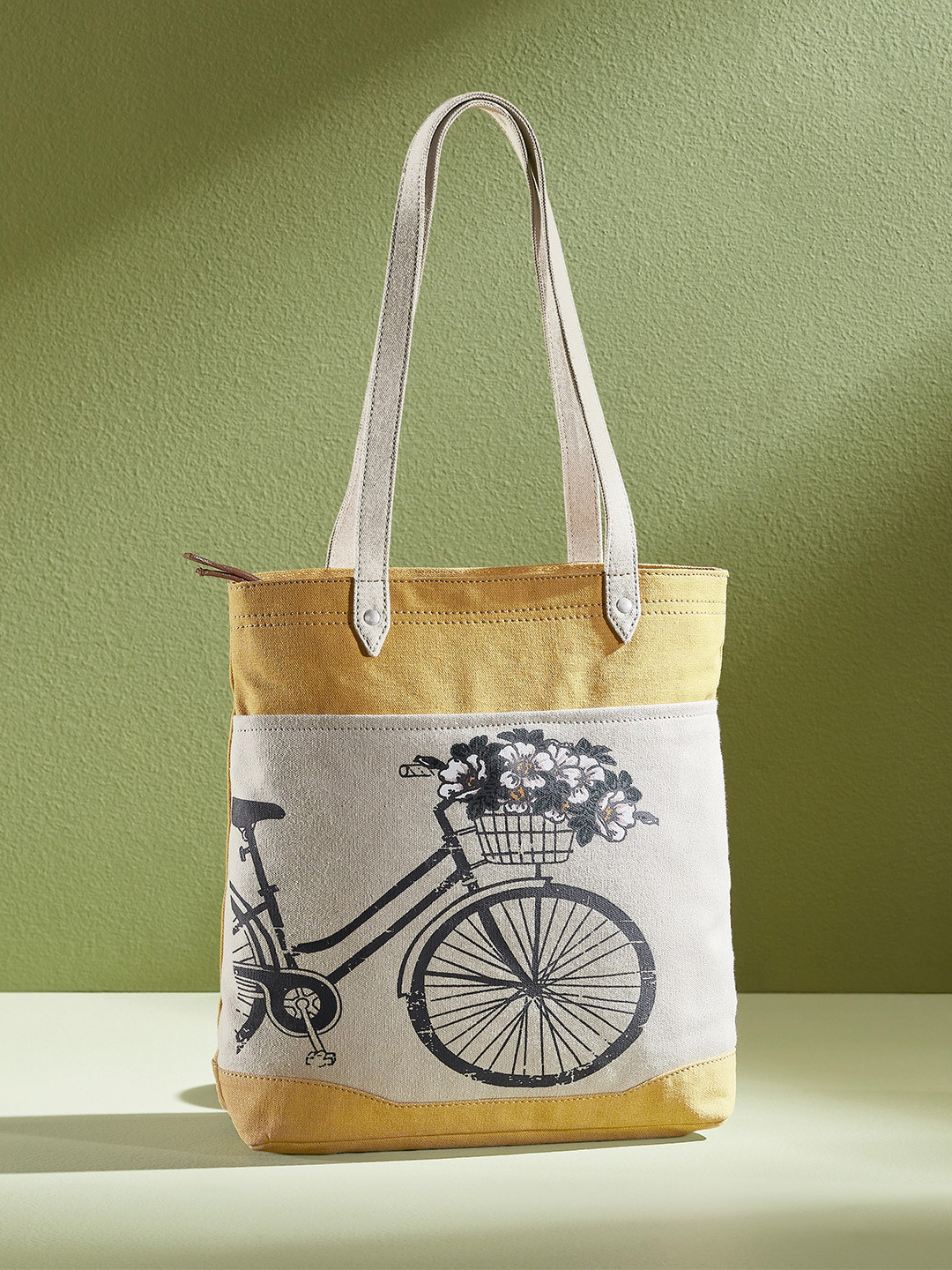 Mona B Yellow & Off White Printed Upcycled Canvas Tote Bag