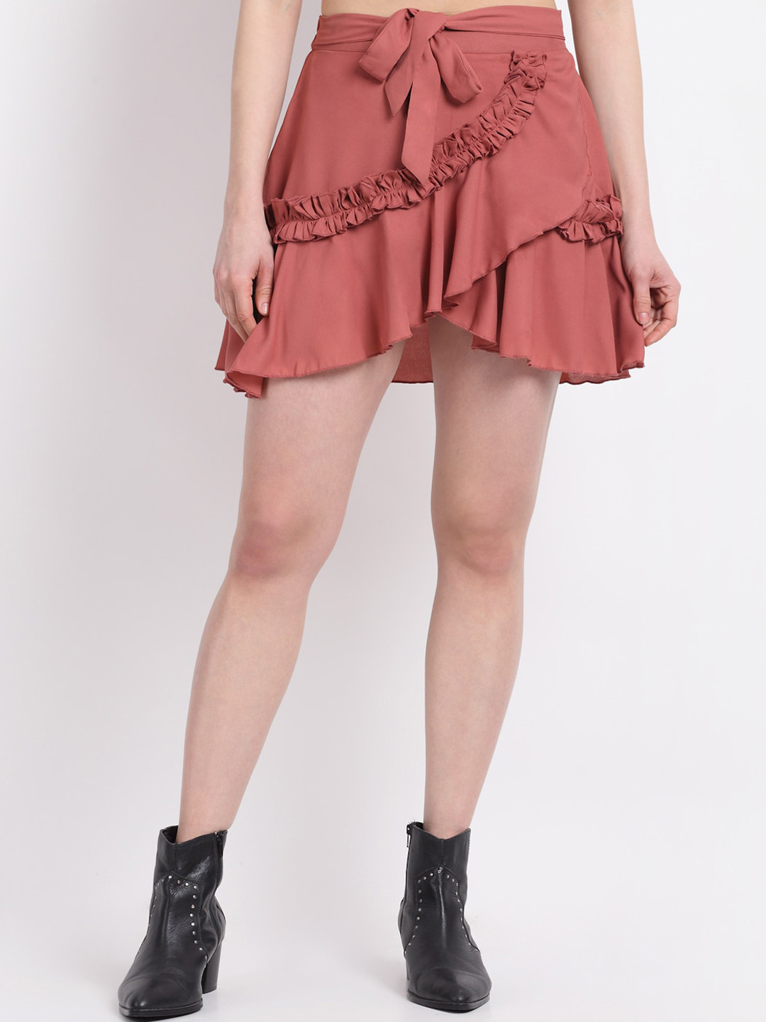 La Zoire Women Pink Frill Wrap Mini Skirt