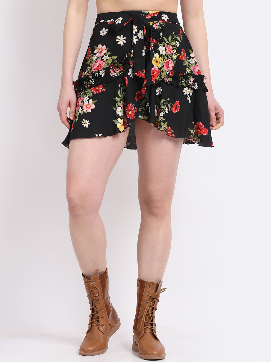 La Zoire Women Black Floral Printed Wrap Mini Skirt