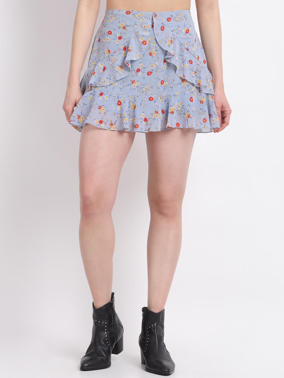 La Zoire Women Blue & Red Printed Mini Layered Skirt