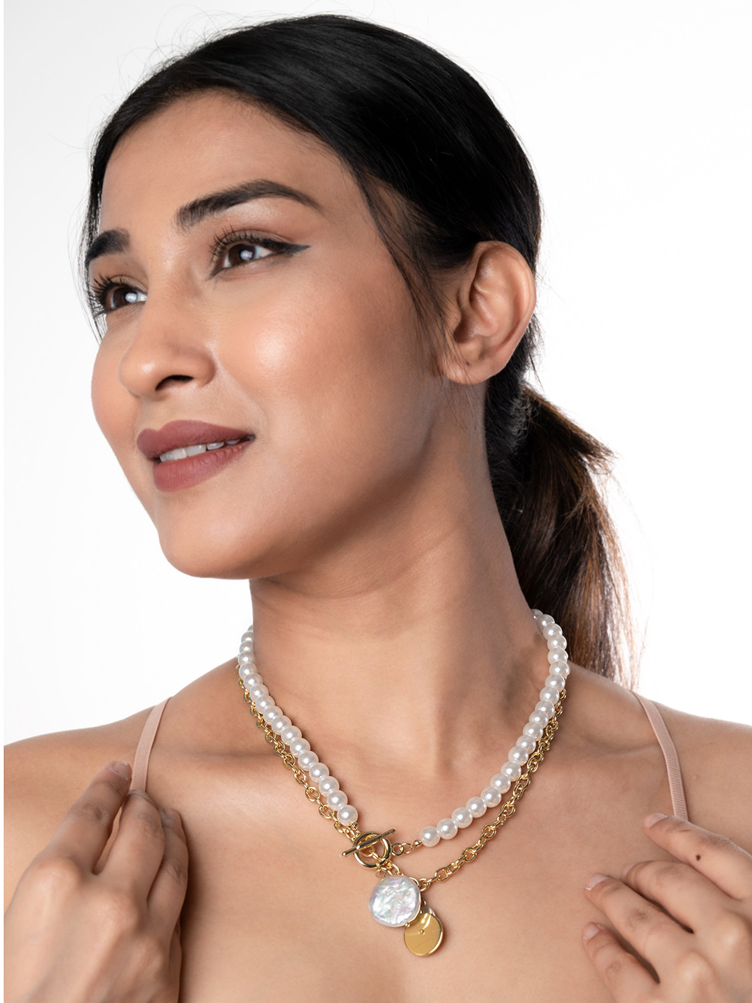 WHITE LIES Set of 2 Gold-Toned & White Beaded Necklaces