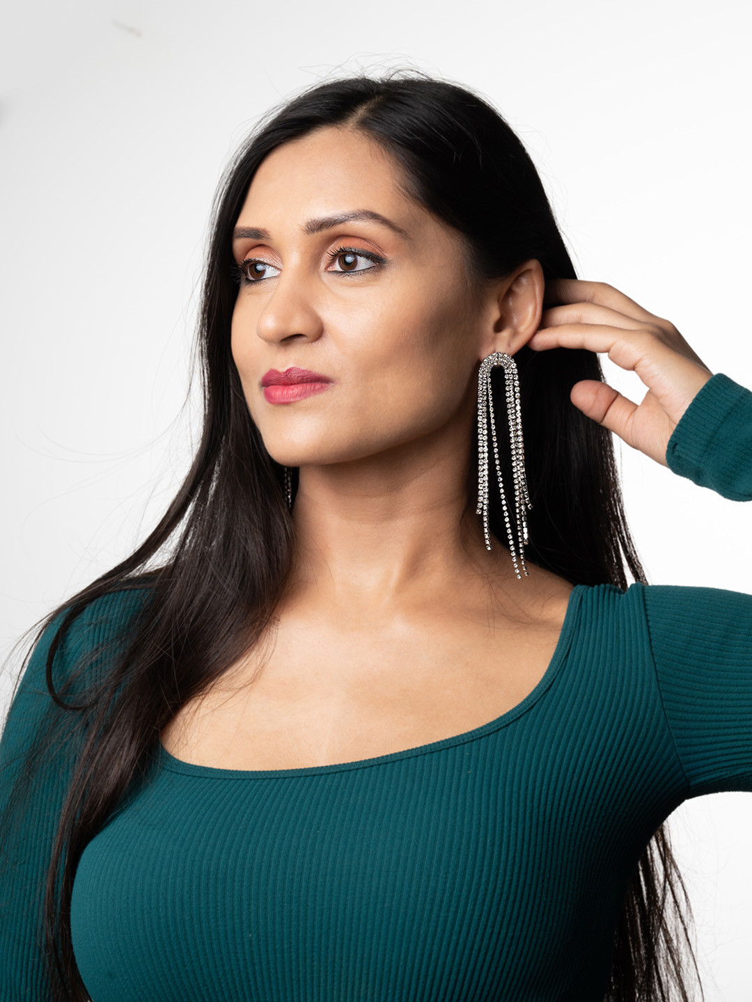 WHITE LIES Silver-Toned & White Rhinestone Contemporary Drop Earrings