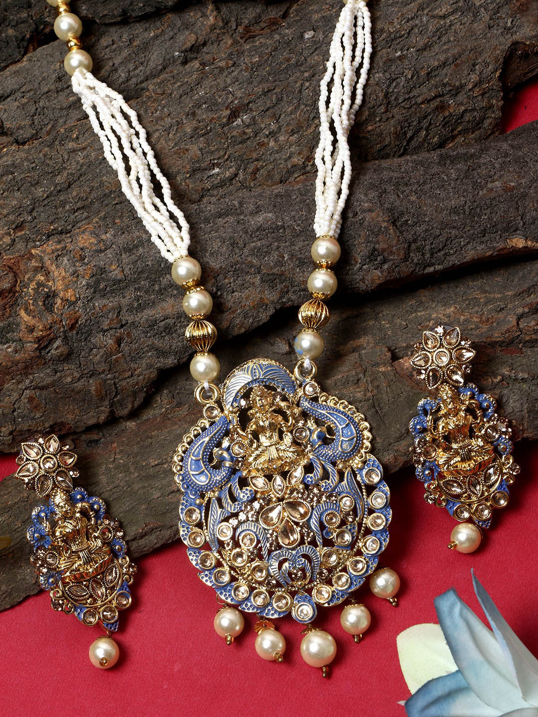 ANIKAS CREATION Gold-Plated Blue & White Stone And Pearl Studded Temple Jewellery Set