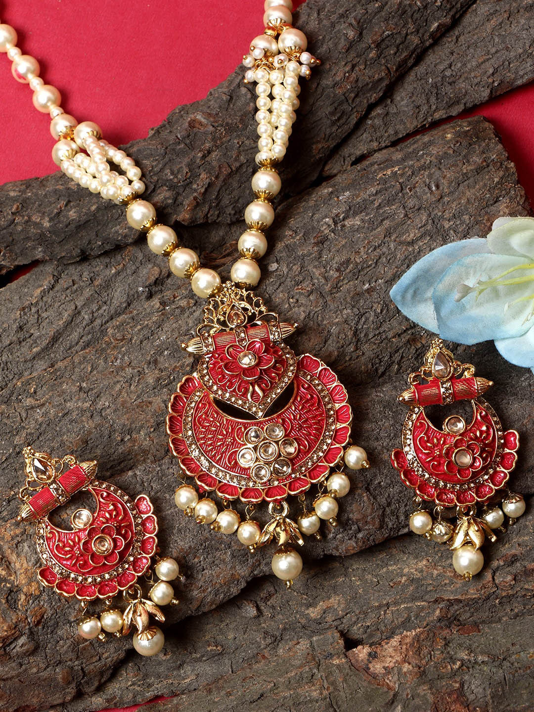 ANIKAS CREATION Gold-Plated Red Stone Studded Temple Jewellery Set