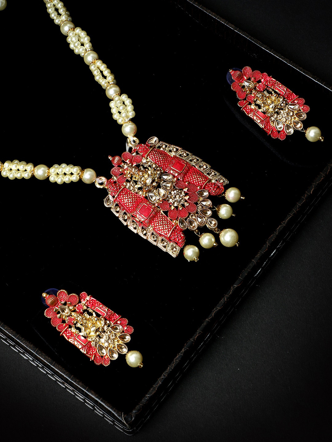 ANIKAS CREATION Gold-Plated & Red Stone And Pearl Studded Temple Jewellery Set