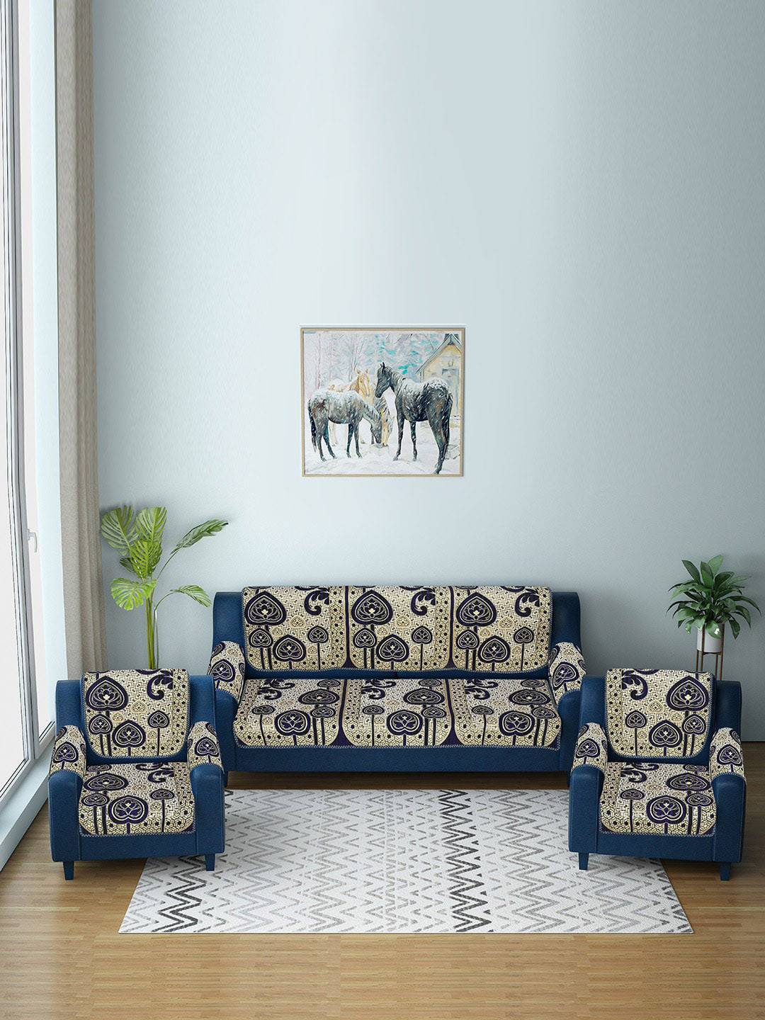 MULTITEX Blue & Beige 5 Seater Sofa Covers