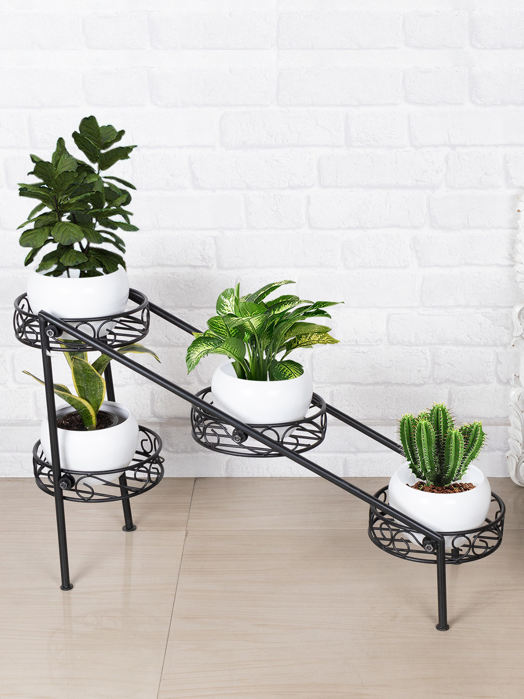 Homesake Set Of 4 White & Black Tier Ladder Plant Stand Flower Holder Racks With Metal Pot
