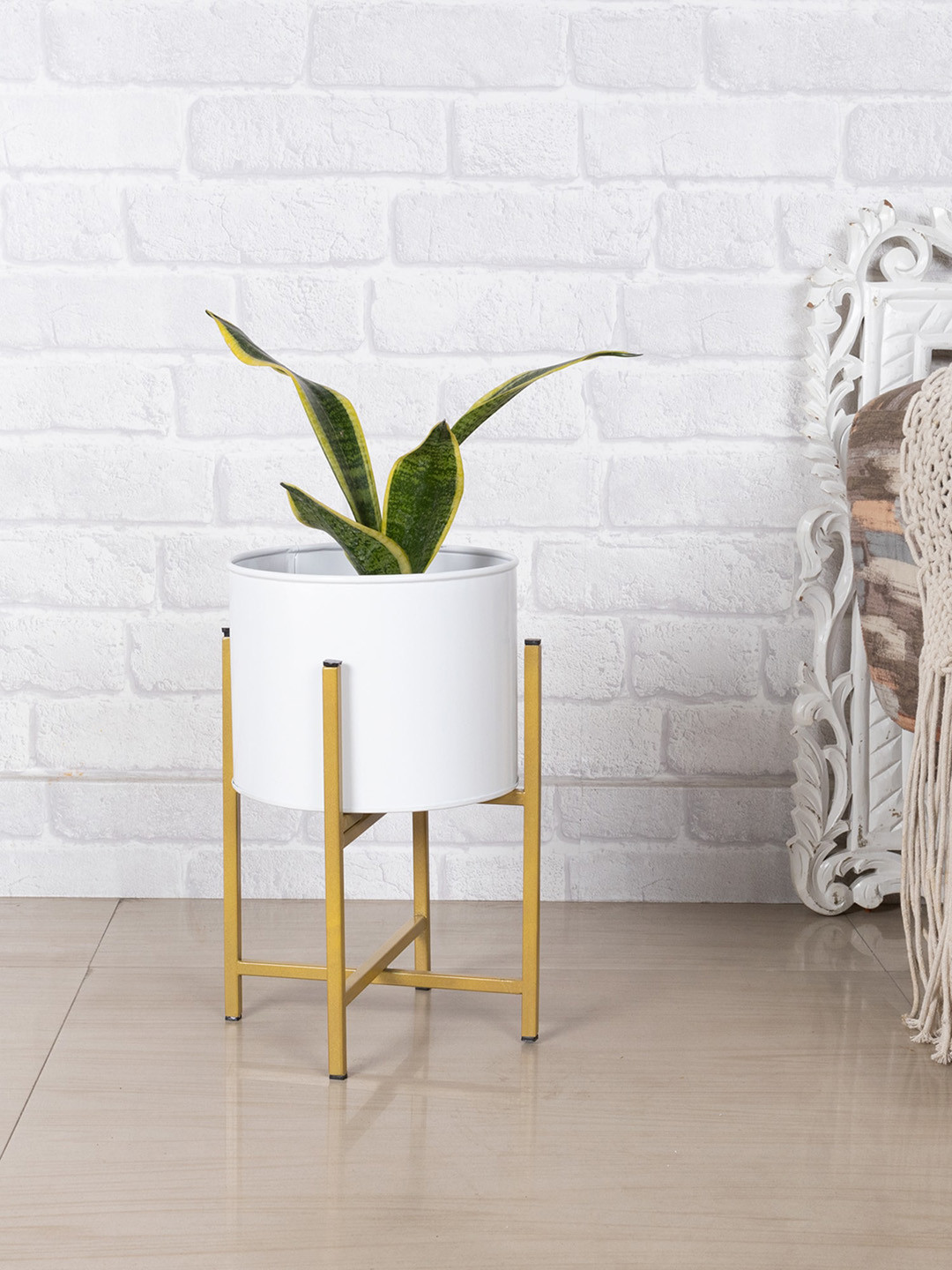 Homesake Gold-Toned & White Modern Small Planter with Stand