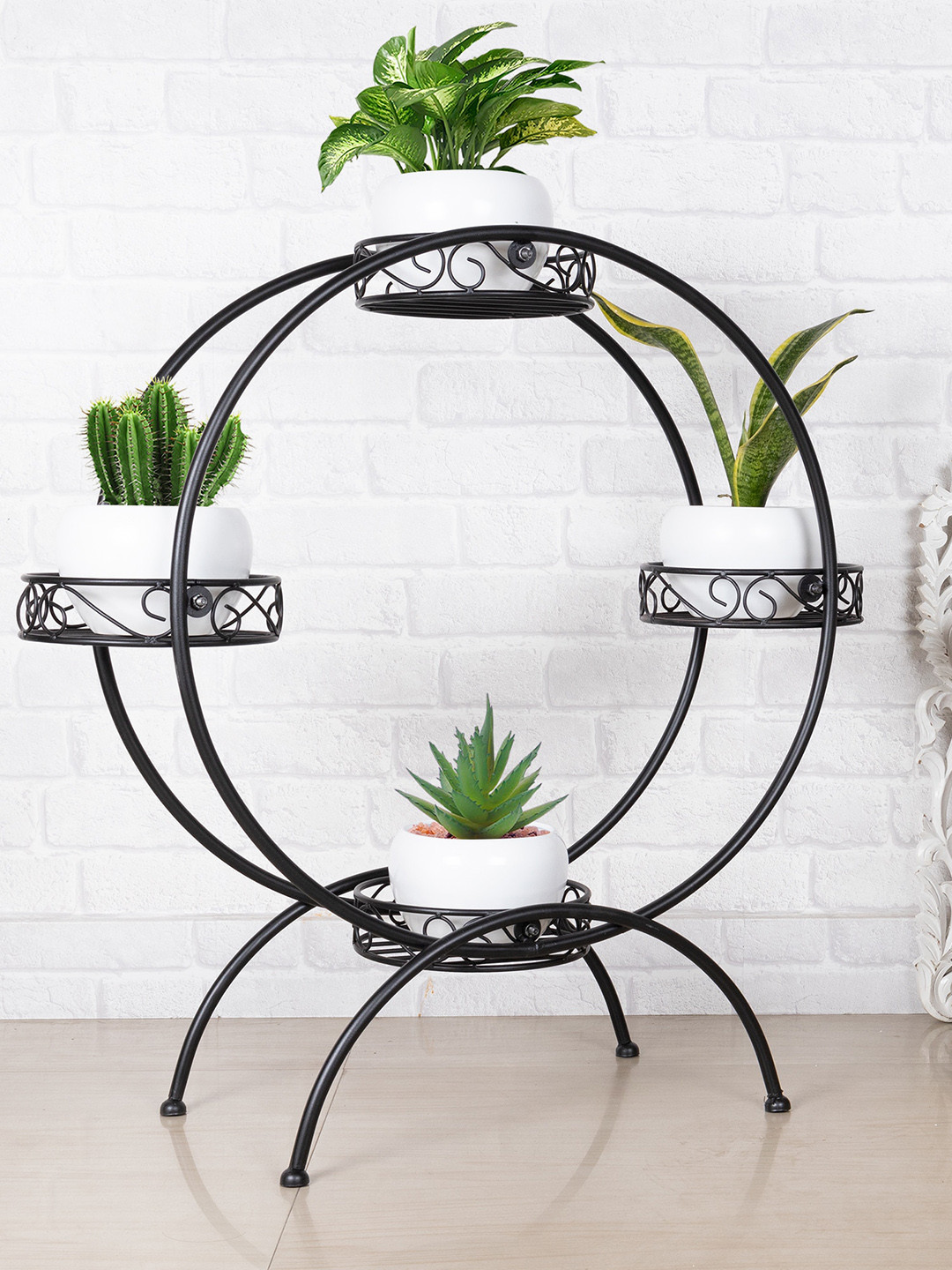 Homesake Set Of 4 Black Solid Metal Planters With Round-Shaped Stand