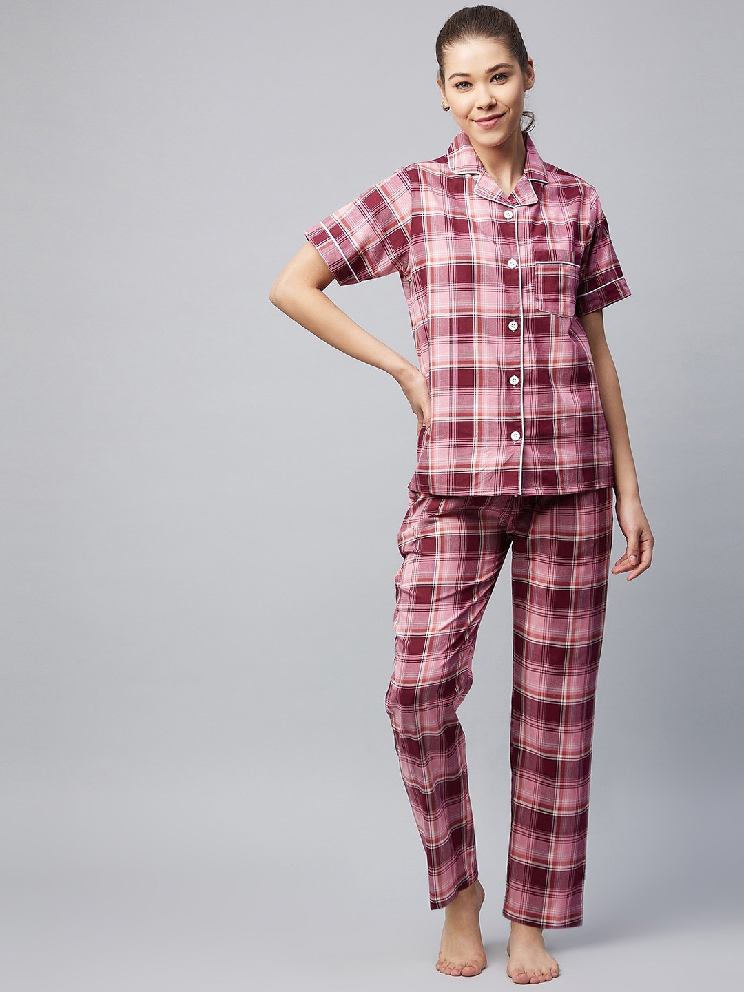 StyleStone Women Maroon Checked Night suit