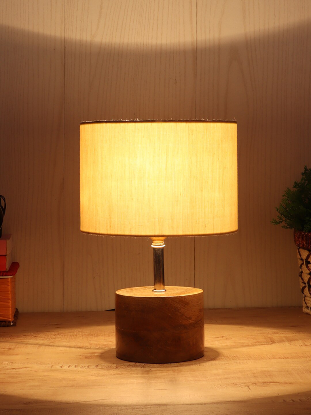 Devansh Off White Solid Cotton Cylindrical Shade Table Lamp & Wooden Base