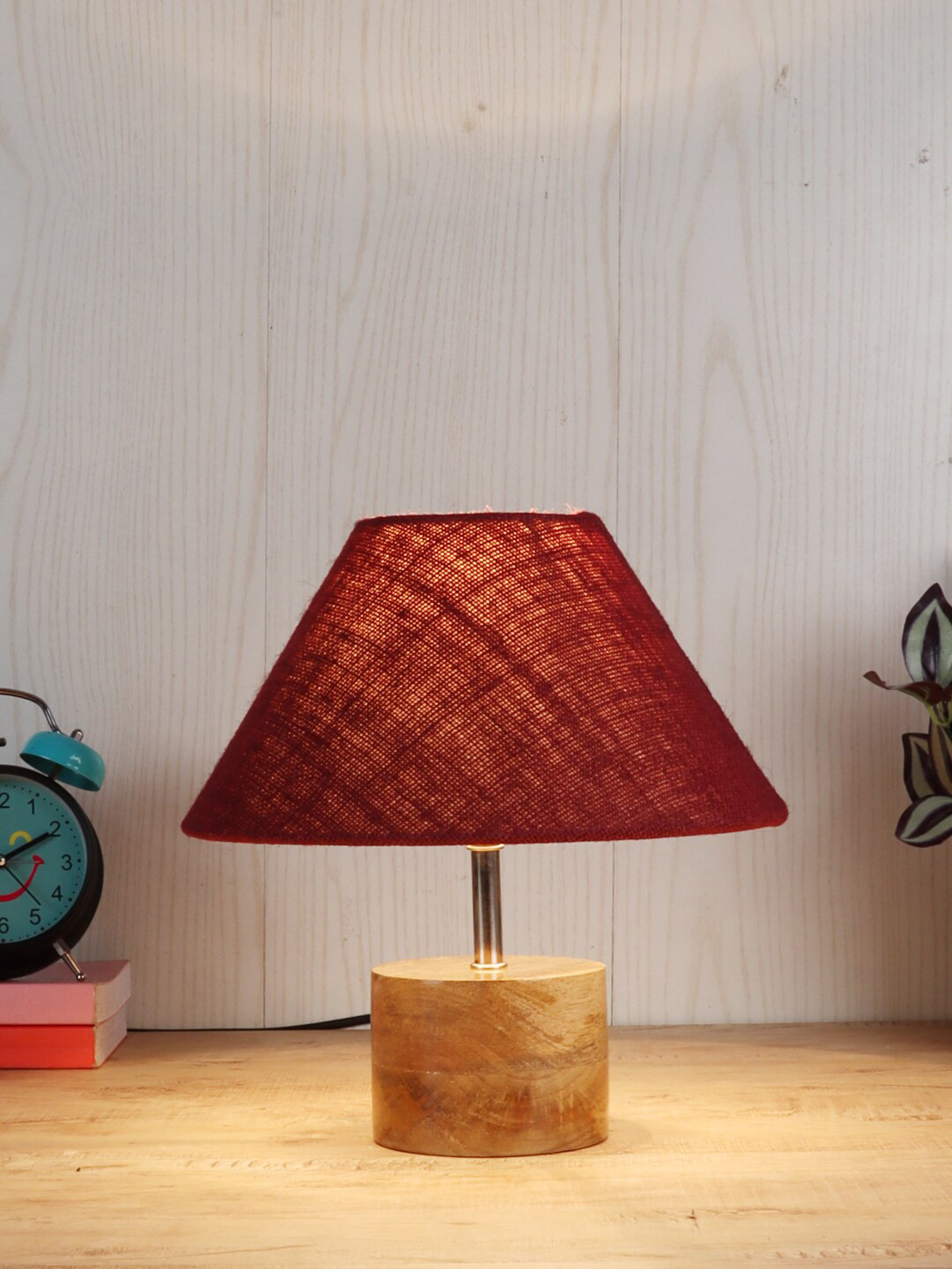 Devansh Maroon Wood Table Lamp With Jute Shade