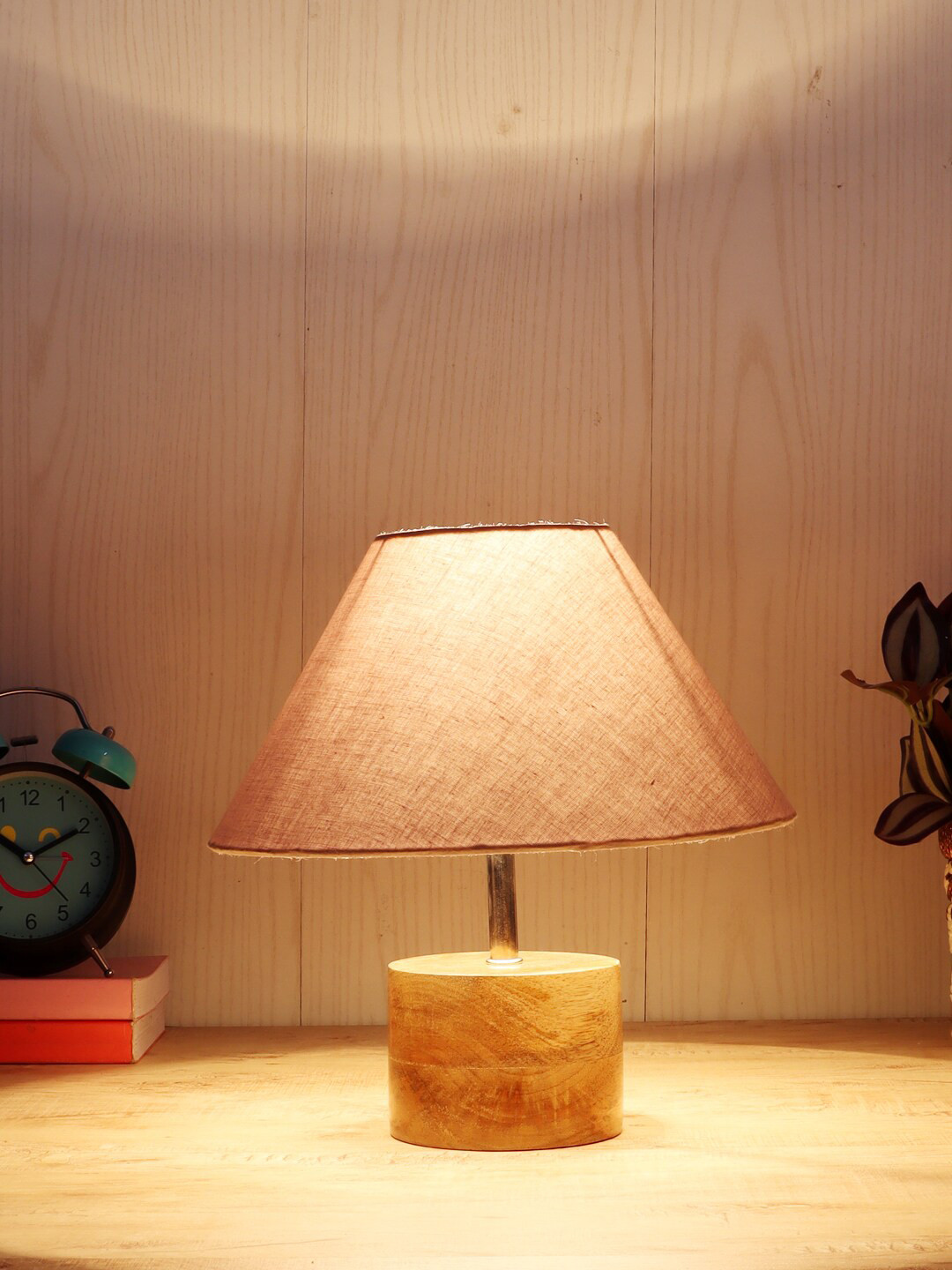 Devansh Grey Wood Table Lamp with Cotton Shade
