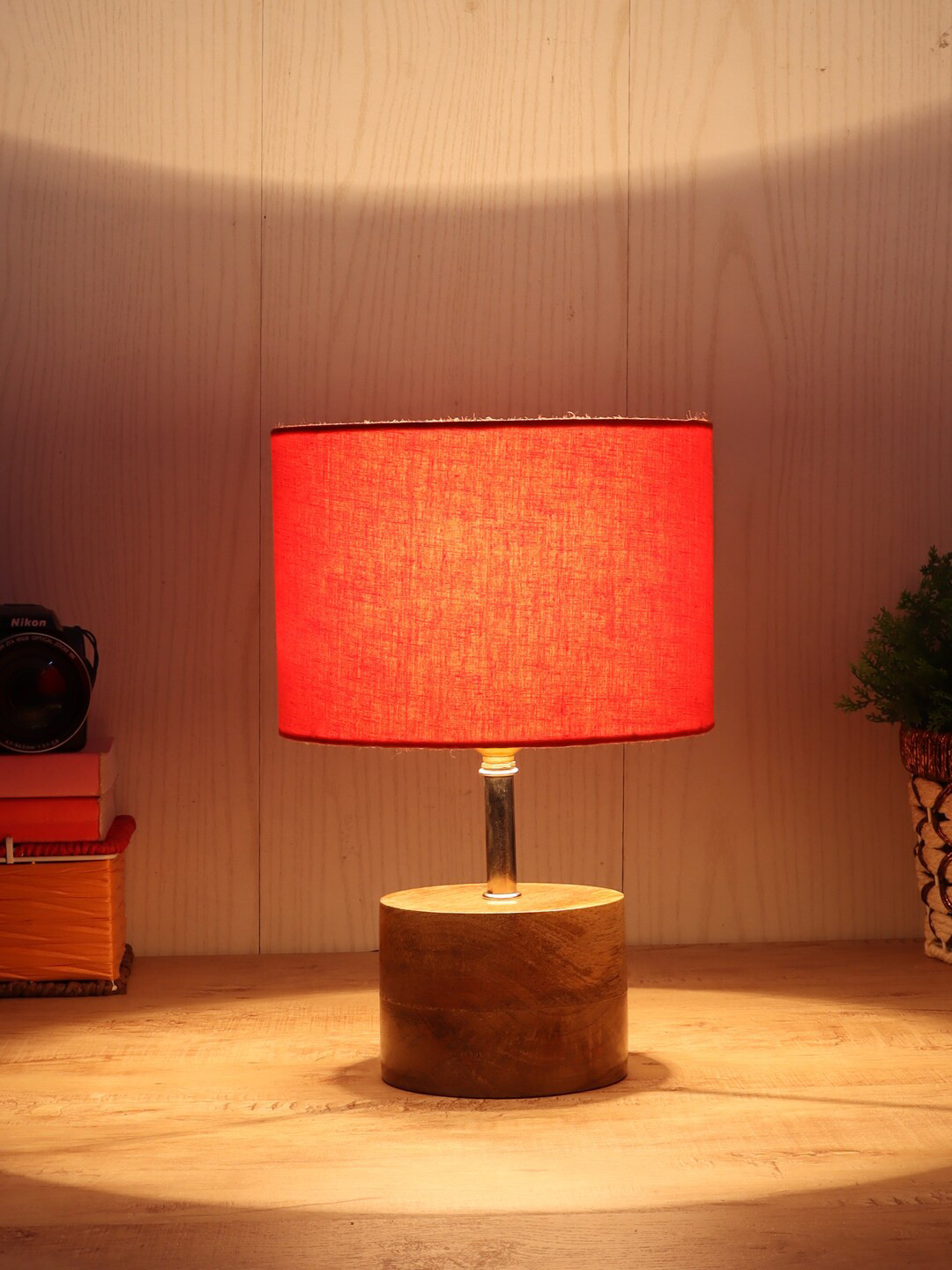 Devansh Orange Wooden Table Lamp with Cotton Shade