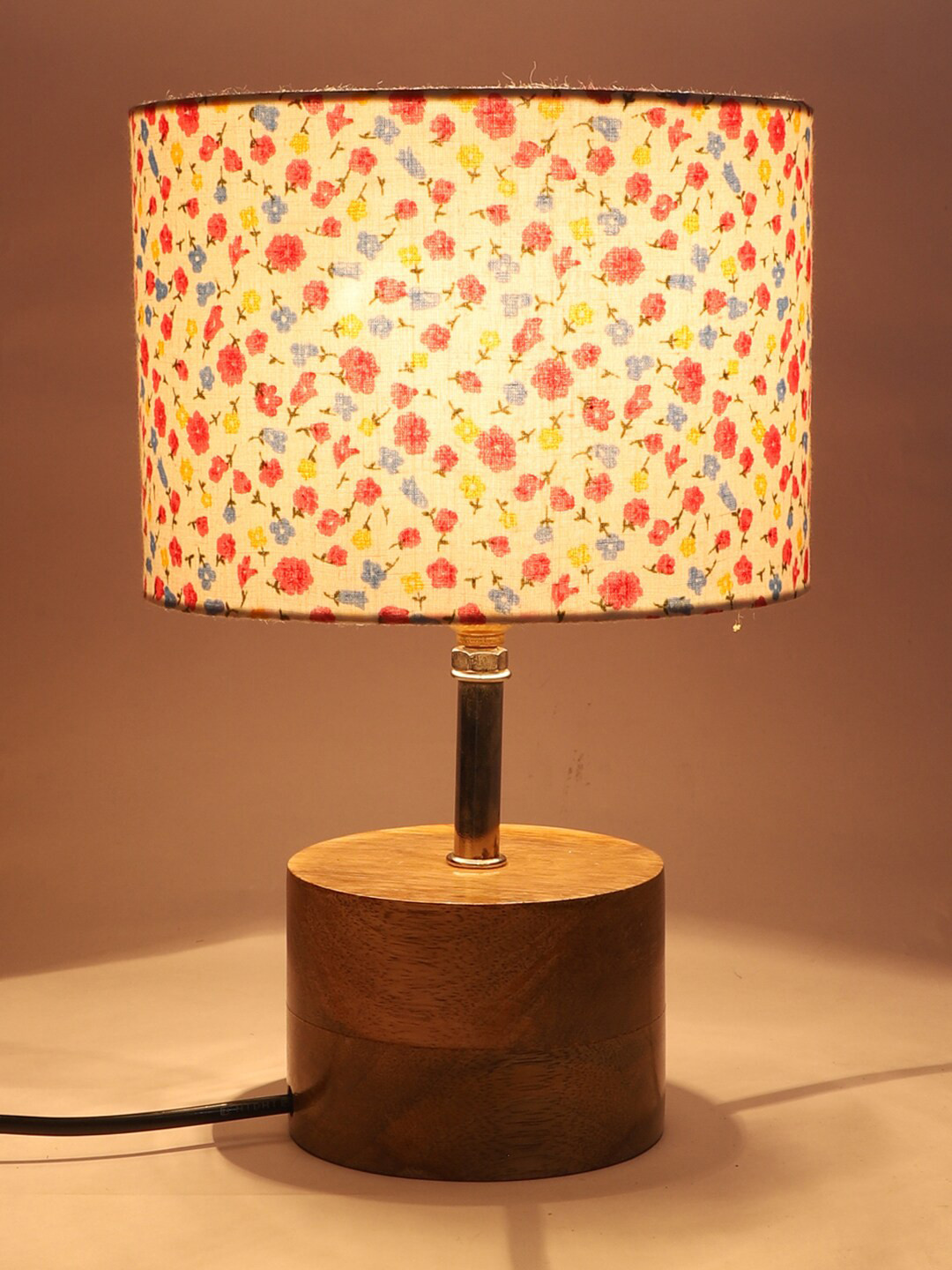 Devansh Brown Wood Table Lamp with Cotton Shade