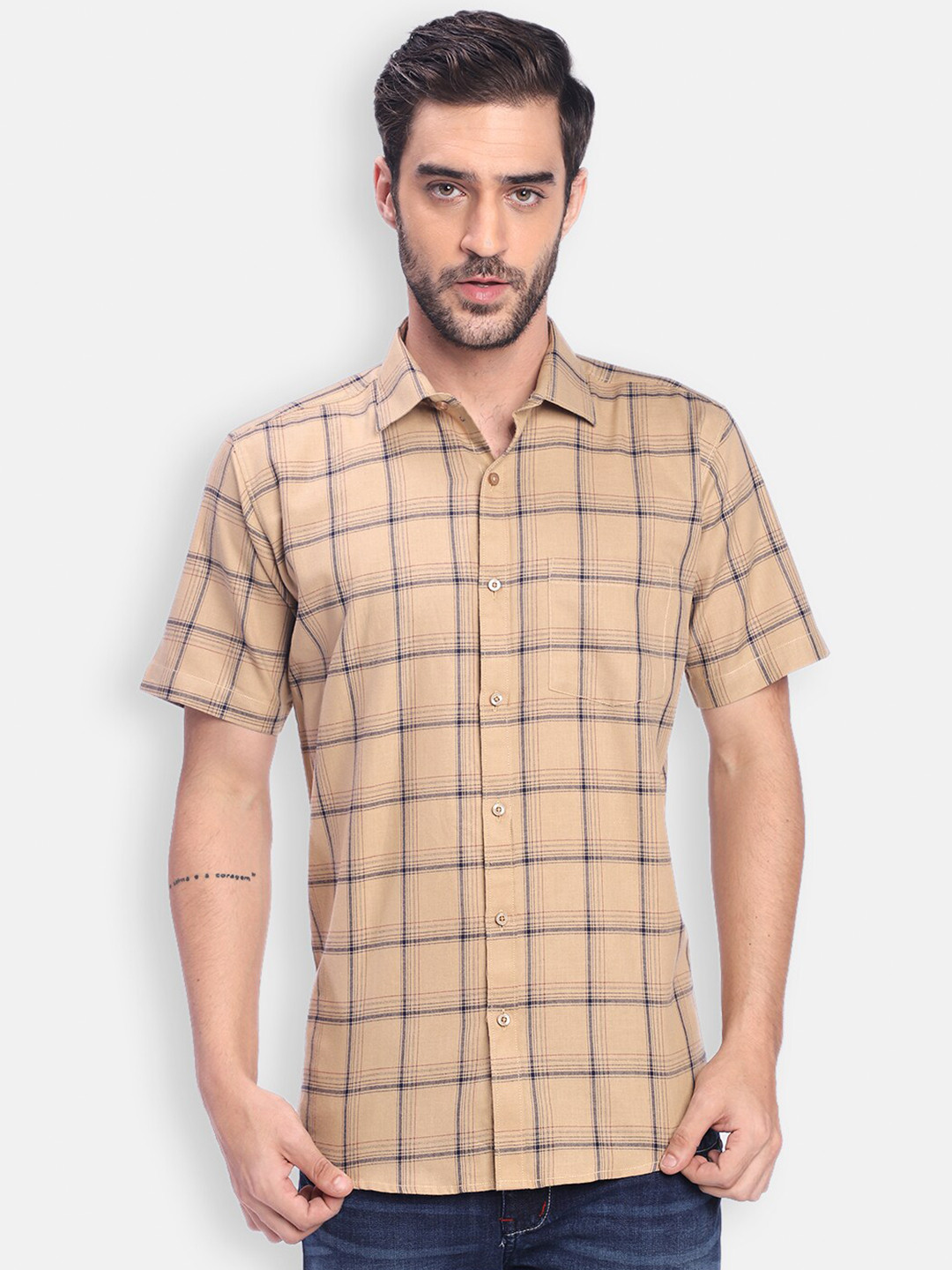 Zeal Men Beige Standard Regular Fit Windowpane Checked Cotton Casual Shirt