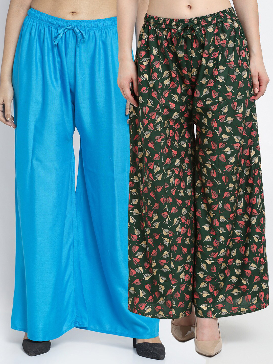 Jinfo Women Blue & Green Printed Flared Knitted Ethnic Palazzos Set of 2