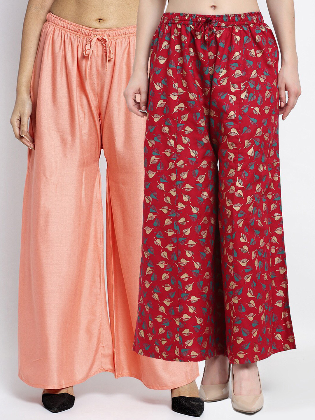 Jinfo Women Peach-Coloured & Red Printed Flared Knitted Ethnic Palazzos Set of 2