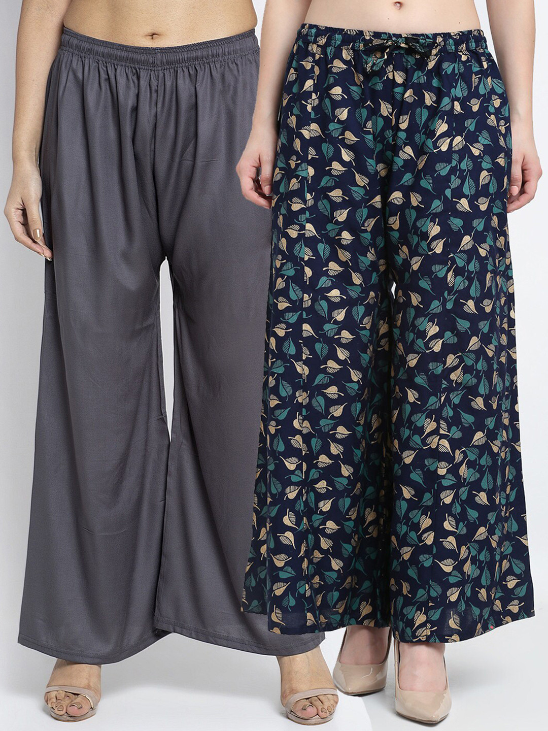 Jinfo Women Grey & Navy Blue Printed Flared Knitted Ethnic Palazzos Set Of 2