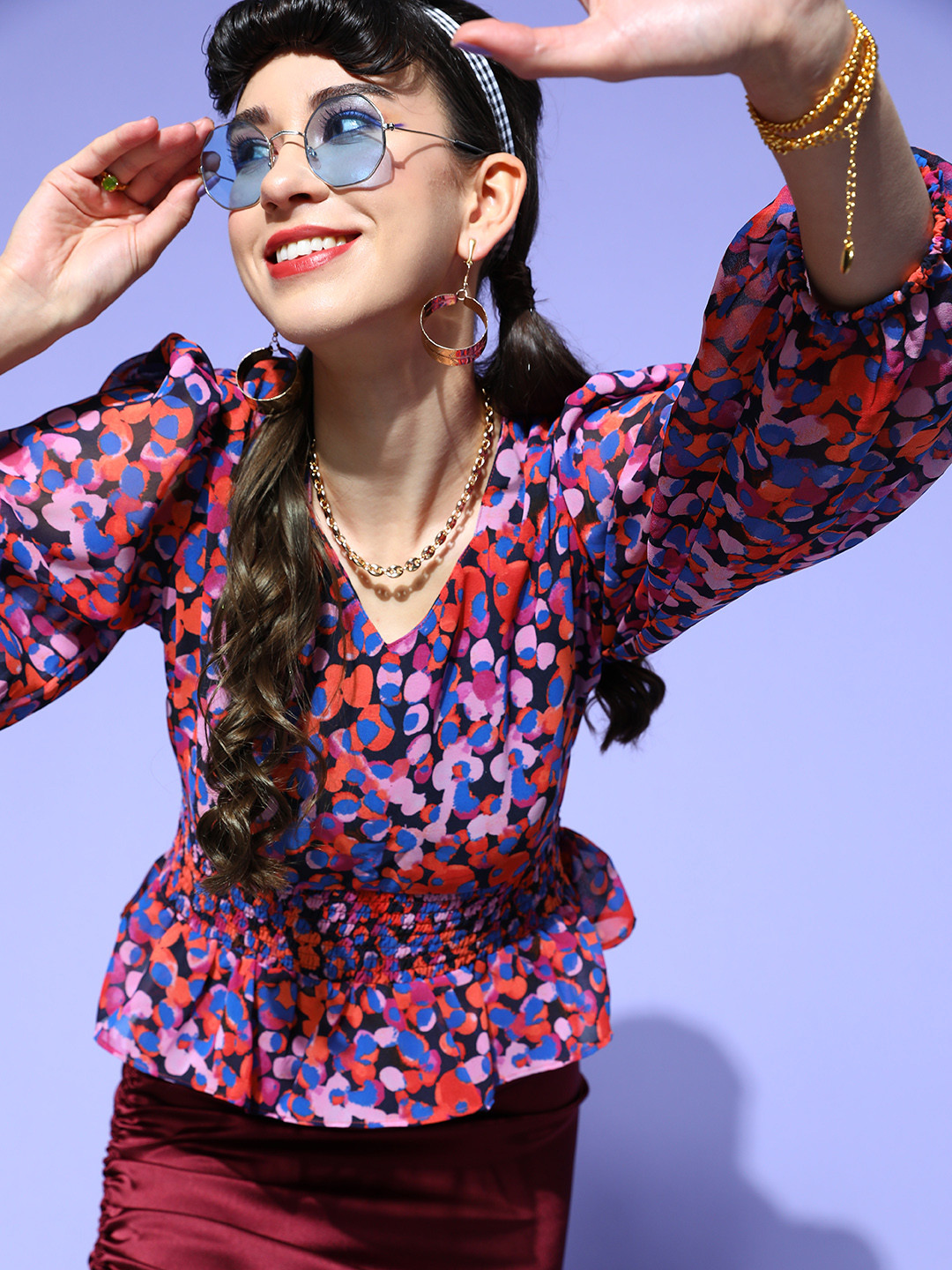 plusS Women Red & Purple Polka Dot Print Georgette Peplum Top