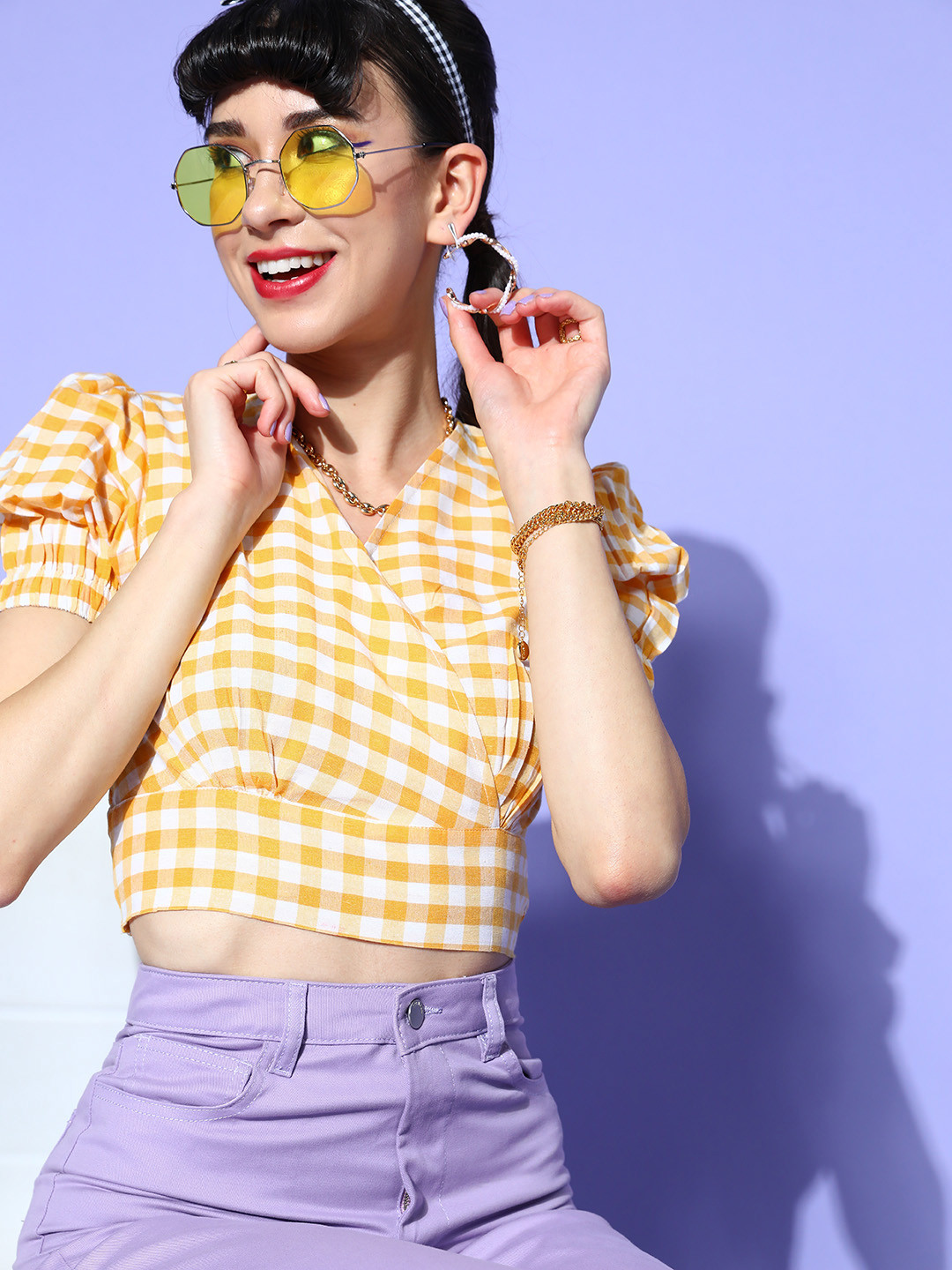 plusS Women Yellow & White Summer Checks Wrap Style Crop Top