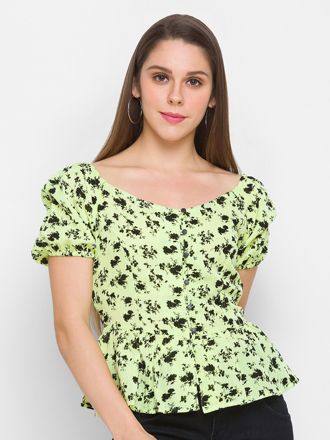 Globus Fluorescent Green Floral Print Peplum Top