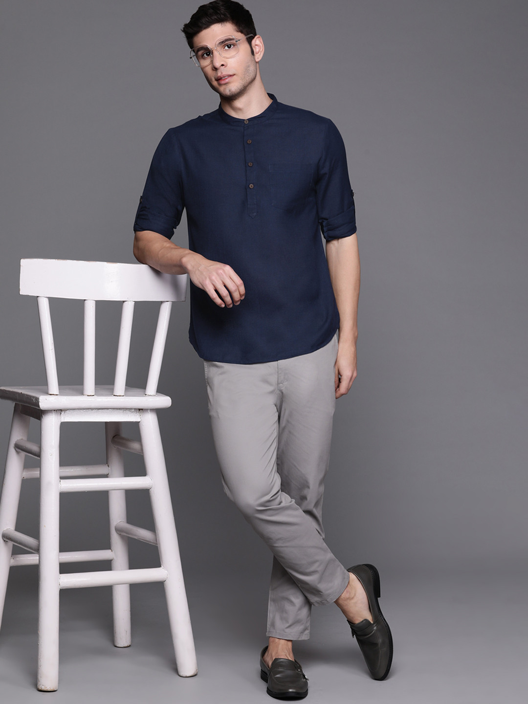 Indo Era Men Navy Blue Solid Pure Cotton Kurta