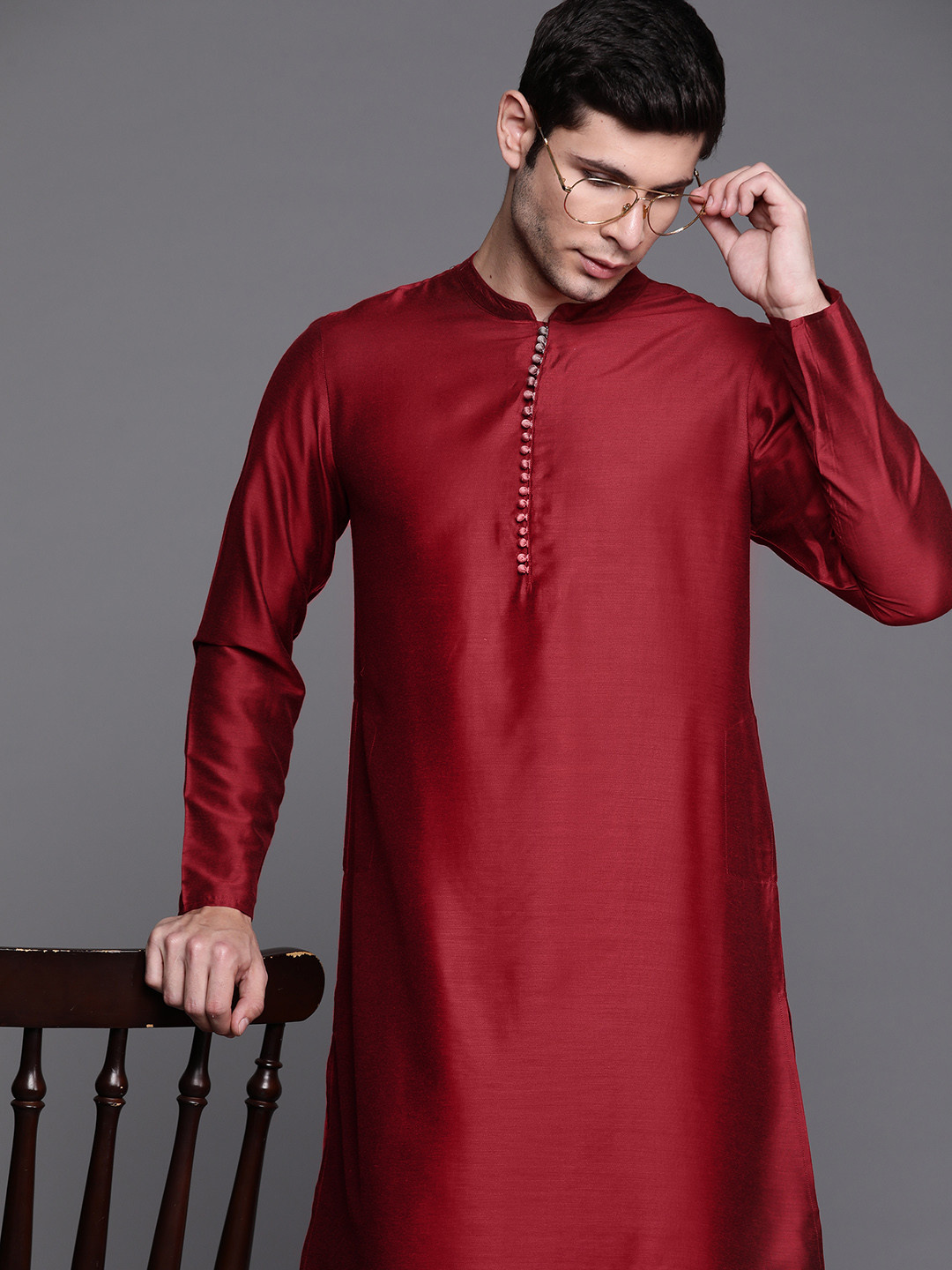Indo Era Men Maroon Solid Chanderi Cotton Kurta