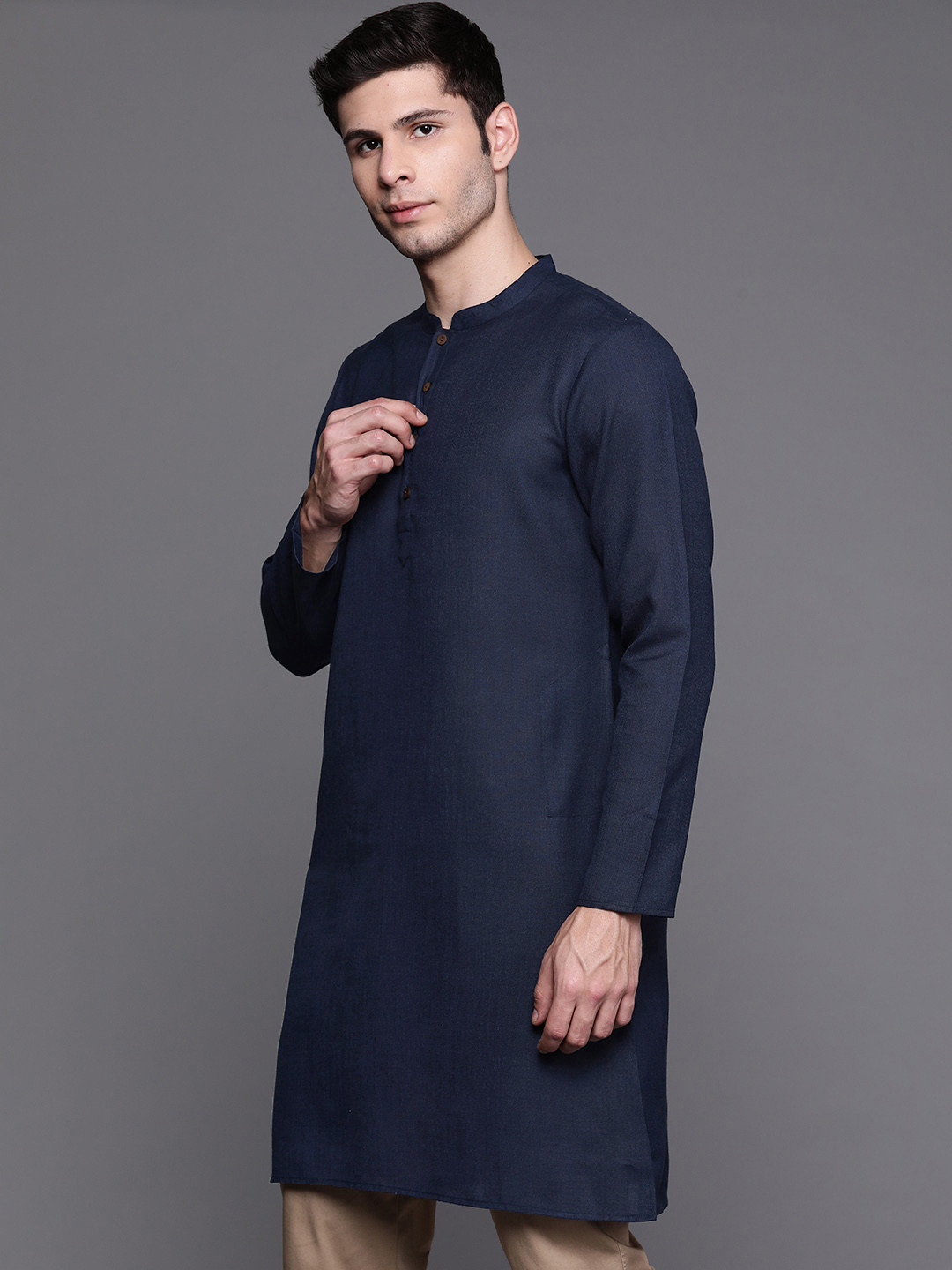 Indo Era Men Navy Blue Solid Pure Cotton Kurta