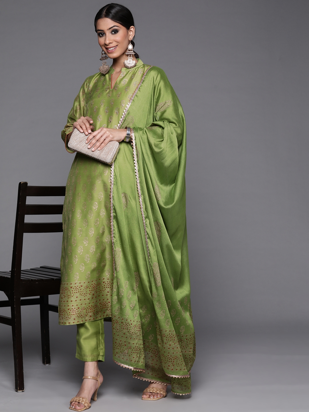 Buy Libas Women Green Paisley Chanderi Silk Kurta With Trousers & With Dupatta -  - Apparel for Women