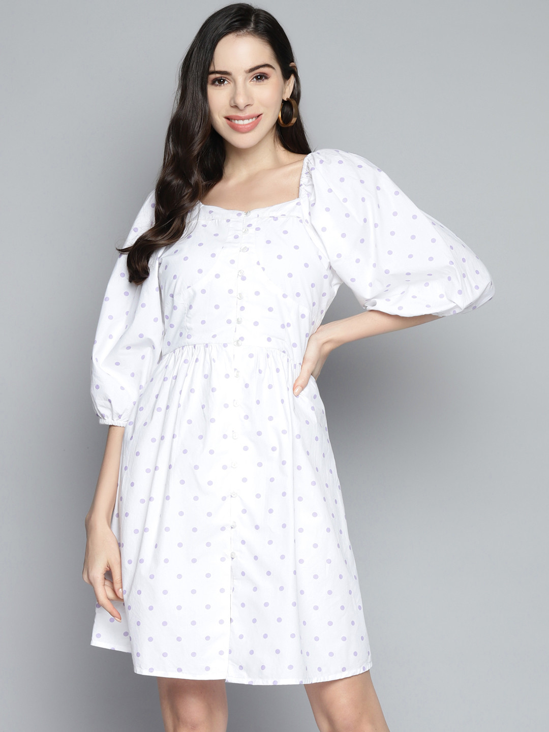 SCOUP Women White & Lavender Pure Cotton Polka Dot Printed Smocked Detail A-Line Dress