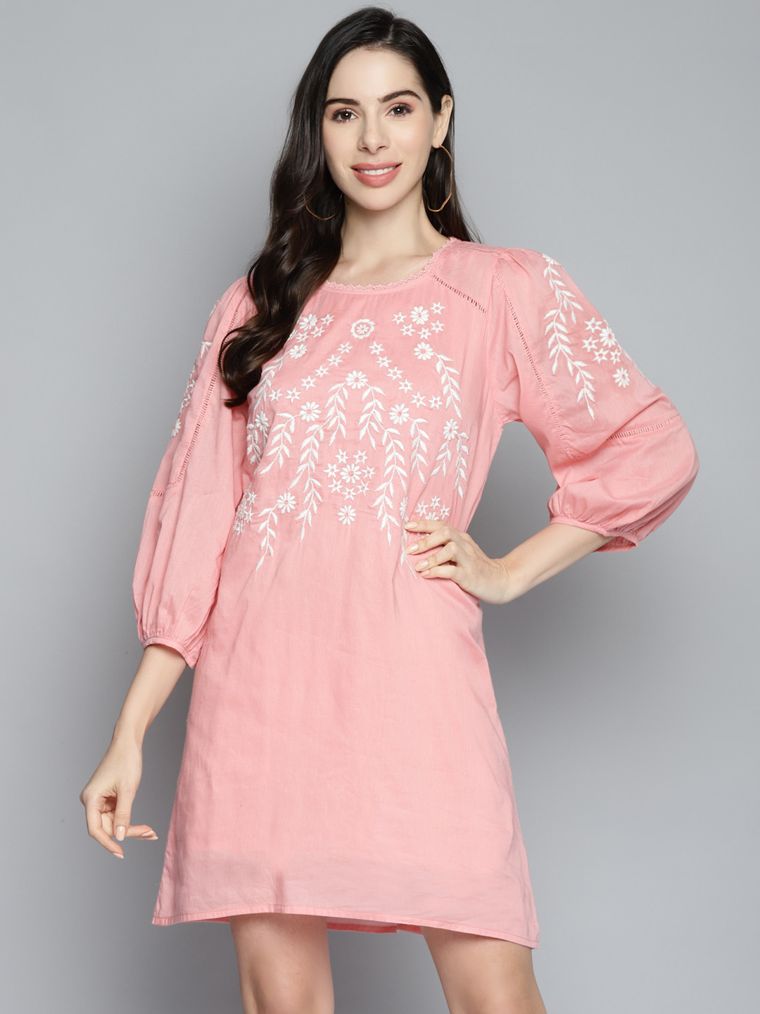 SCOUP Peach-Coloured & White Floral Embroidered Pure Cotton A-Line Dress