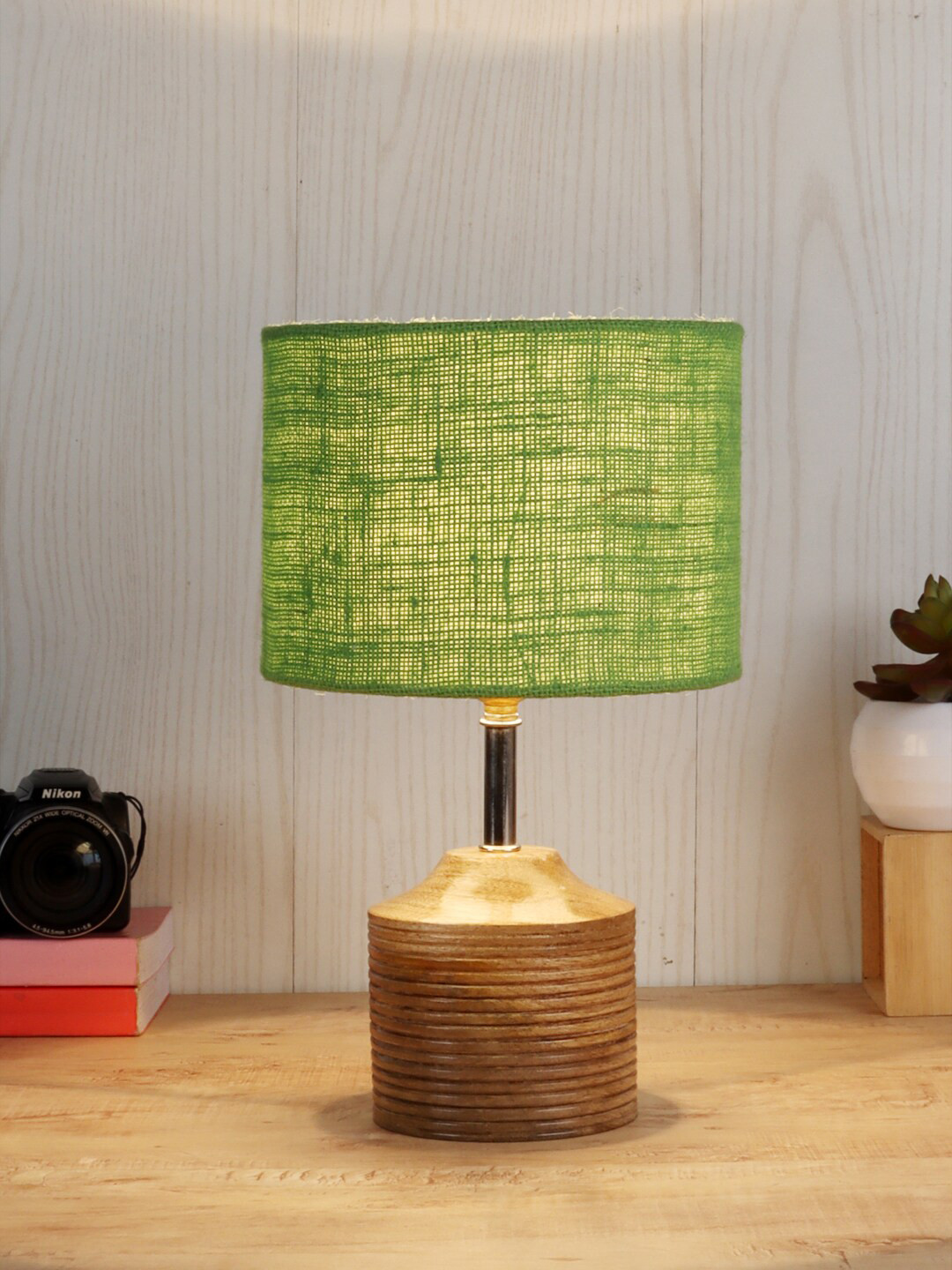 Devansh Green Wood Table Lamp with Jute Shade