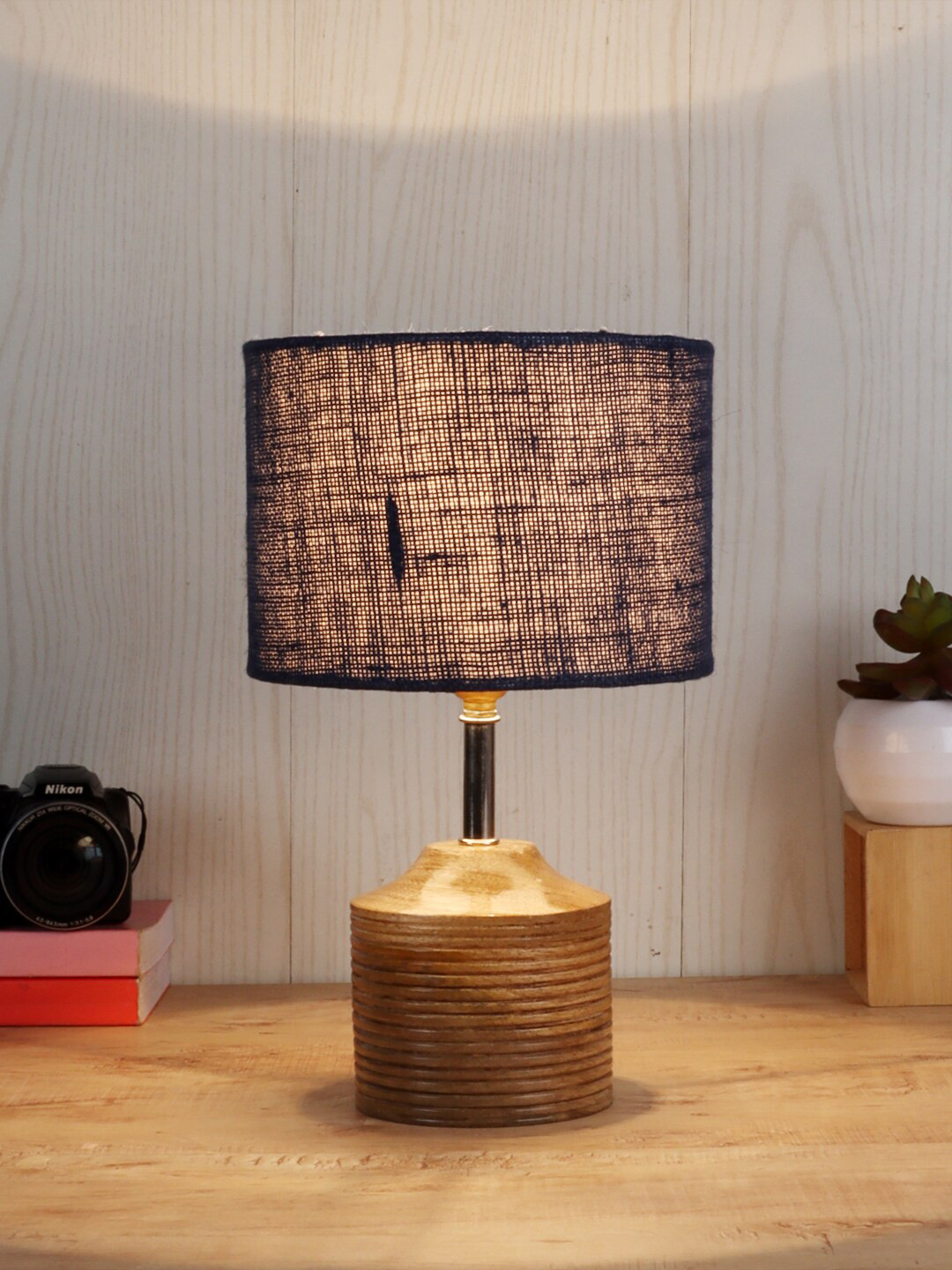 Devansh Navy Blue & Beige Table Lamp with Jute Lamp