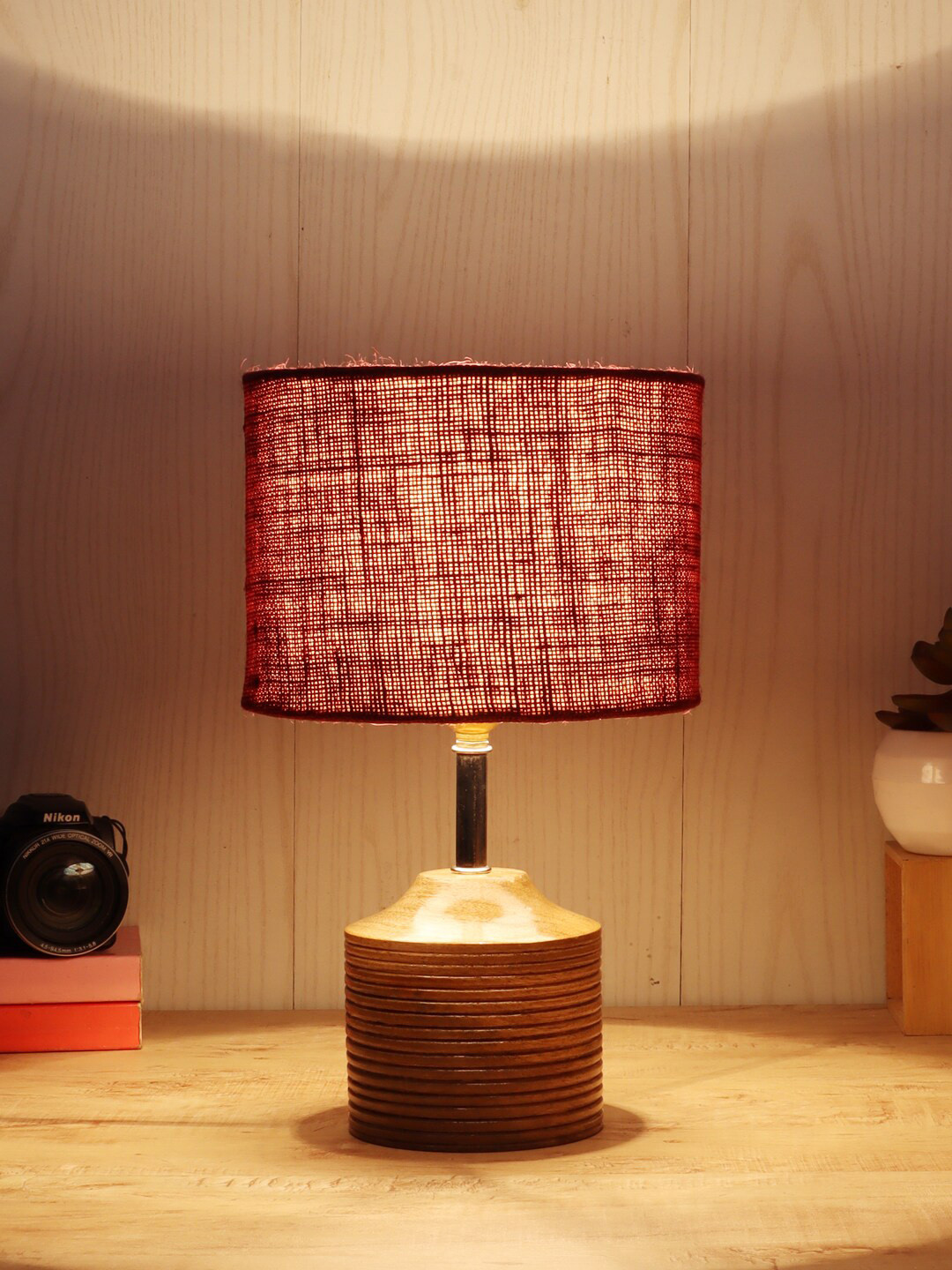 Devansh Maroon Wood Table Lamp with Jute Shade