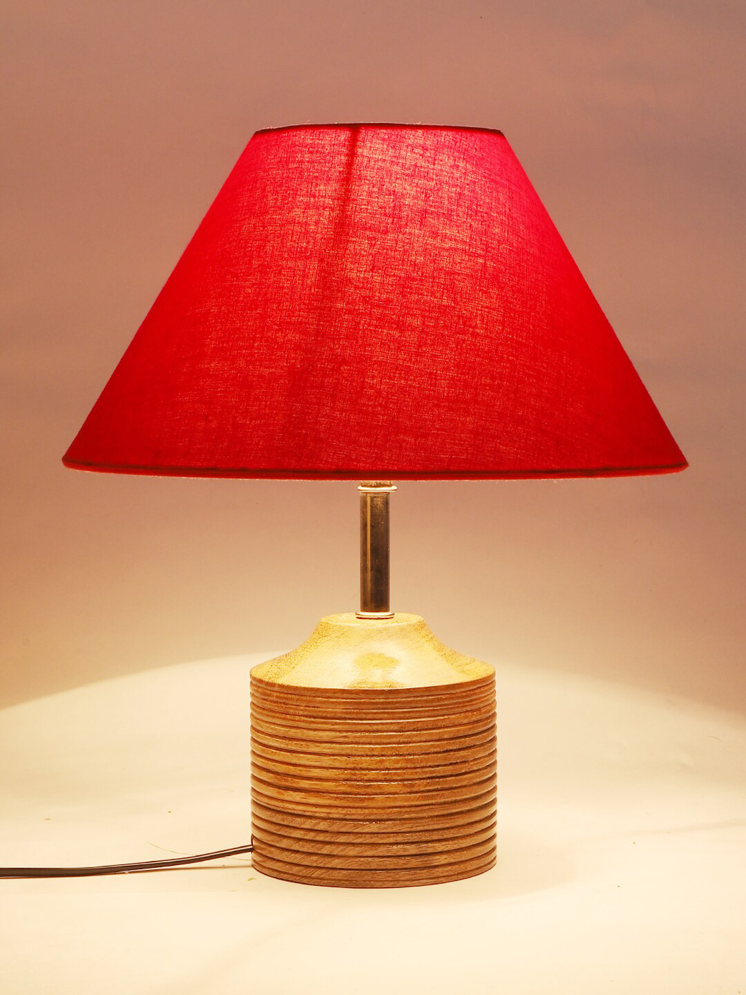 Devansh Red Frustum Shaped Cotton Shade Table Lamp With Wooden Stand