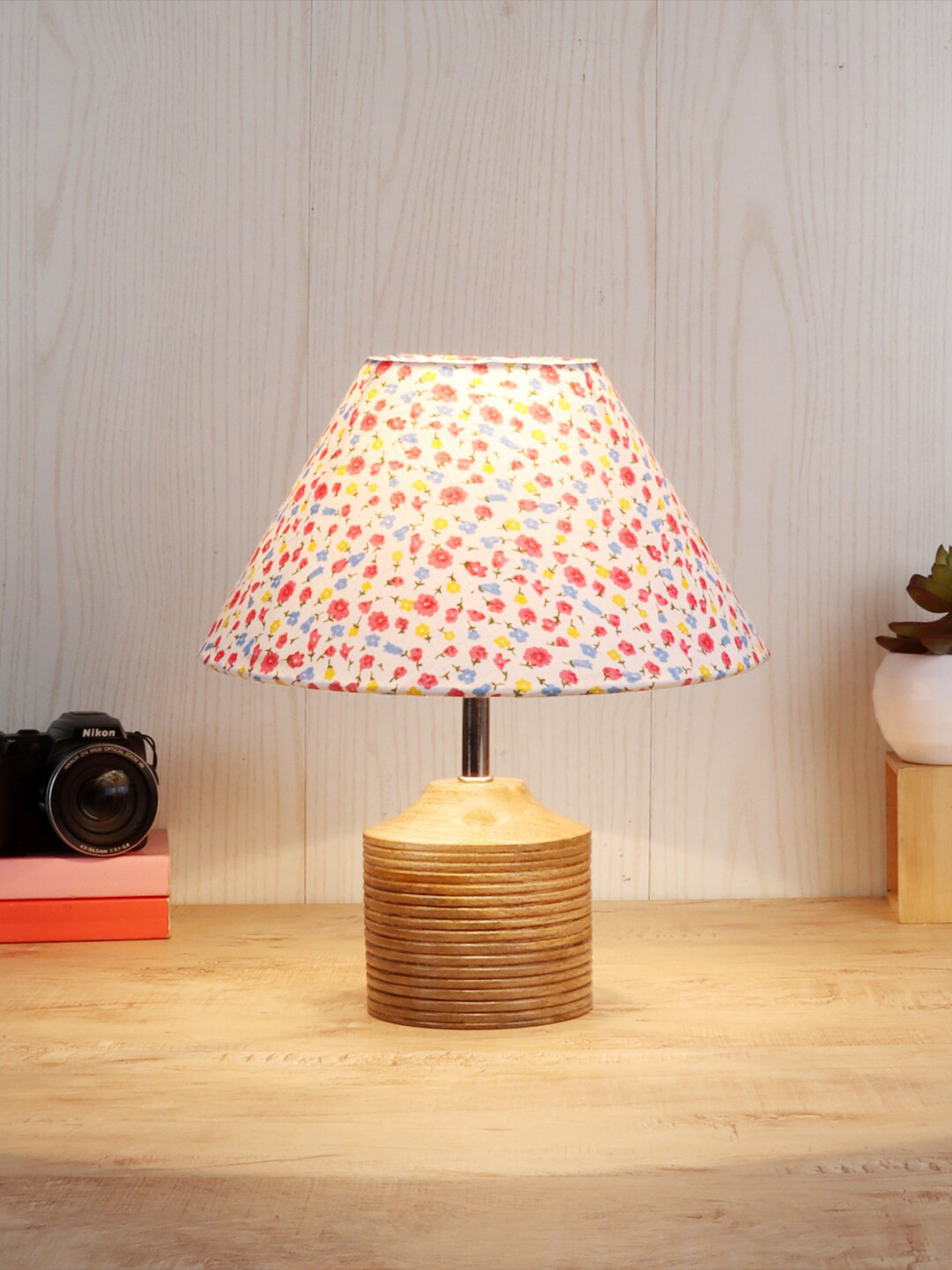 Devansh Multicolored Wooden Printed Table Lamp With Cotton Shade