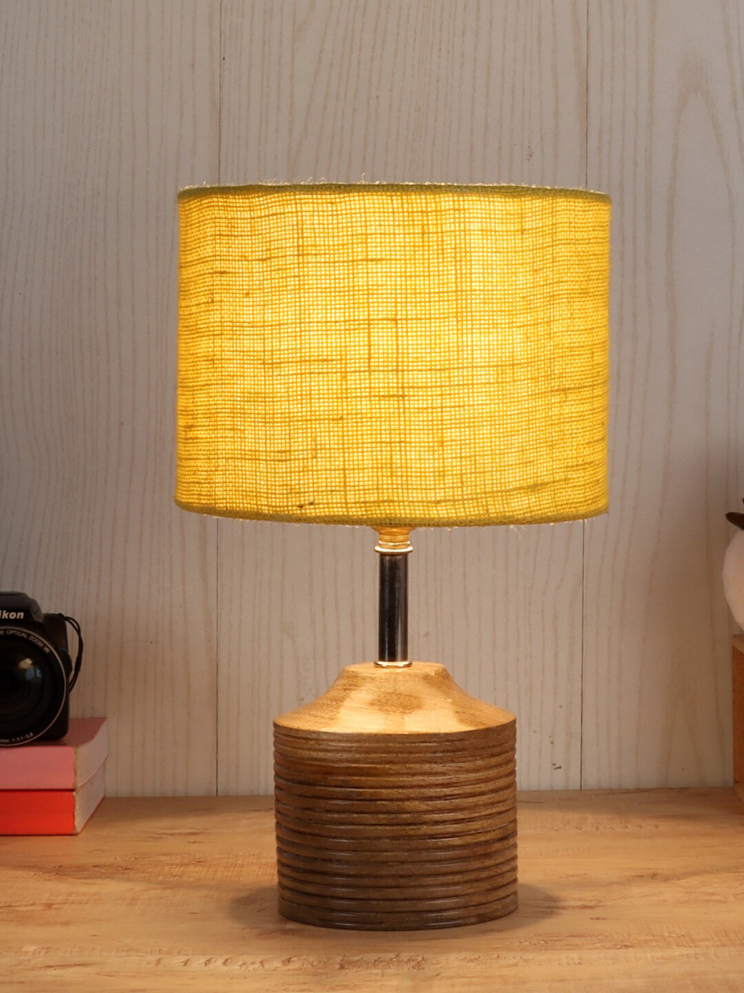 Devansh Yellow Wood Table Lamp with Jute Shade