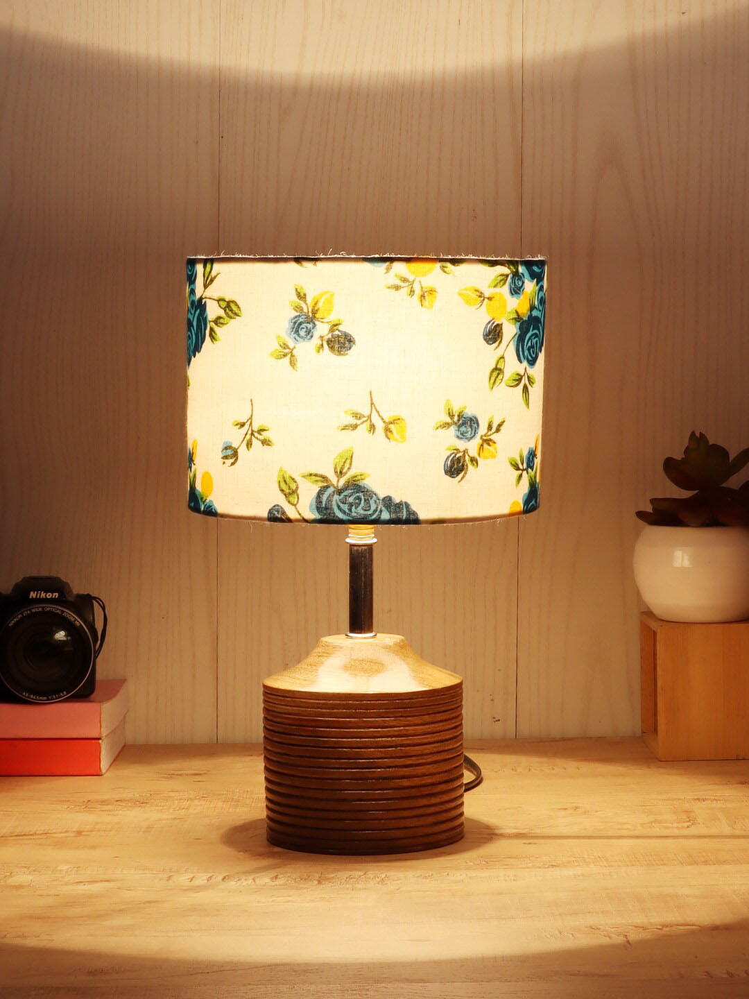 Devansh White & Tan Brown Printed  Cylinder Wood Table Lamp with Cotton Shade