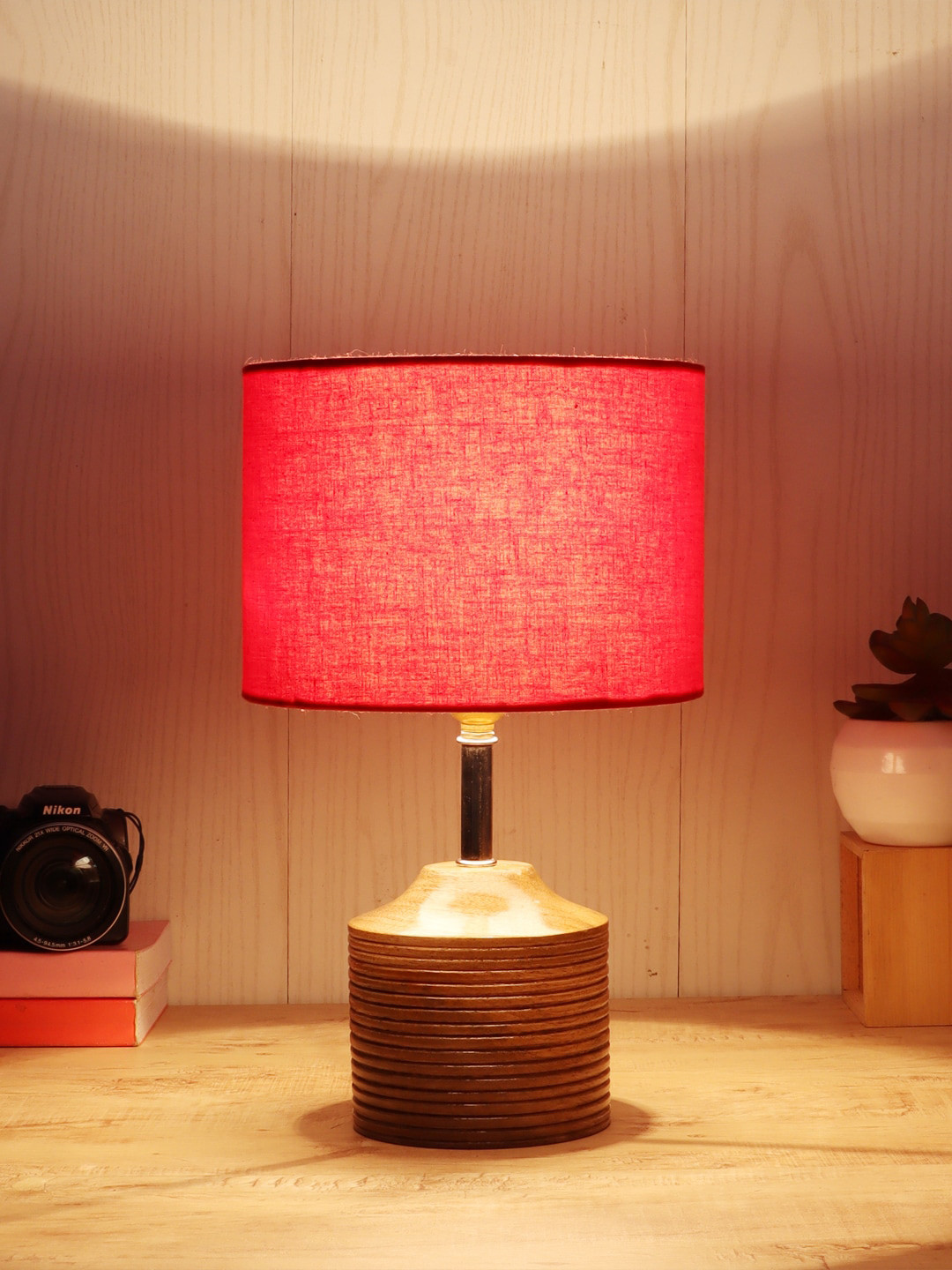 Devansh Red Wood Table Lamp with Cotton Shade