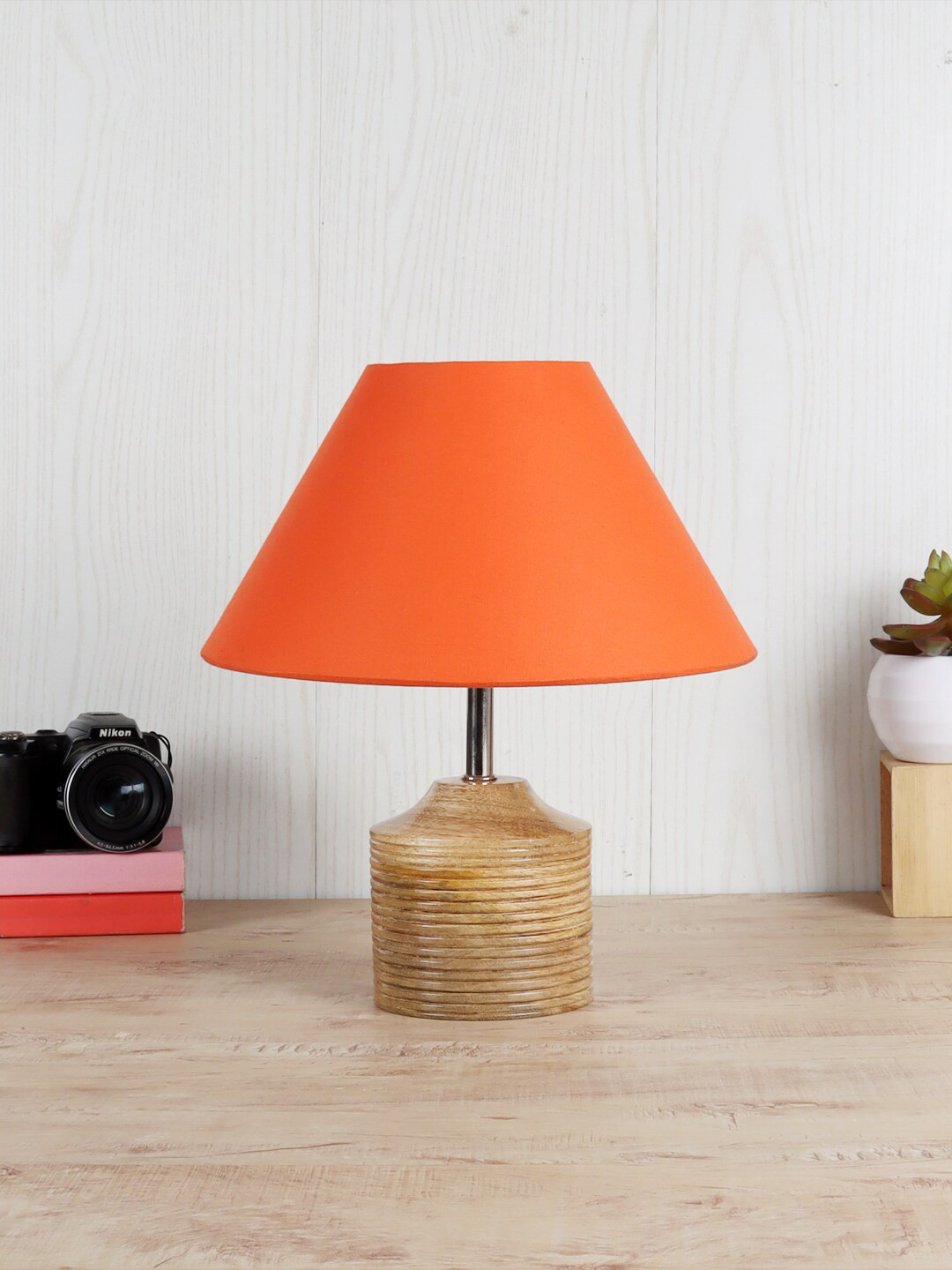 Devansh Orange Wood Table Lamp with Cotton Shade
