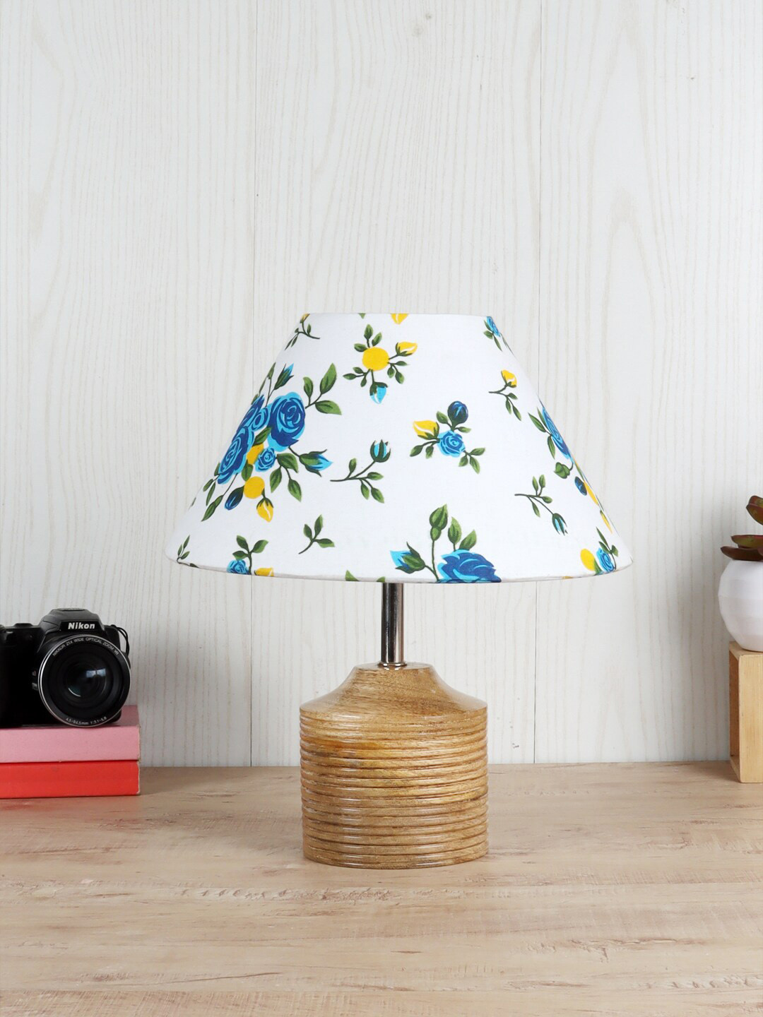 Devansh Multi-Coloured Wood Table Lamp with Cotton Shade