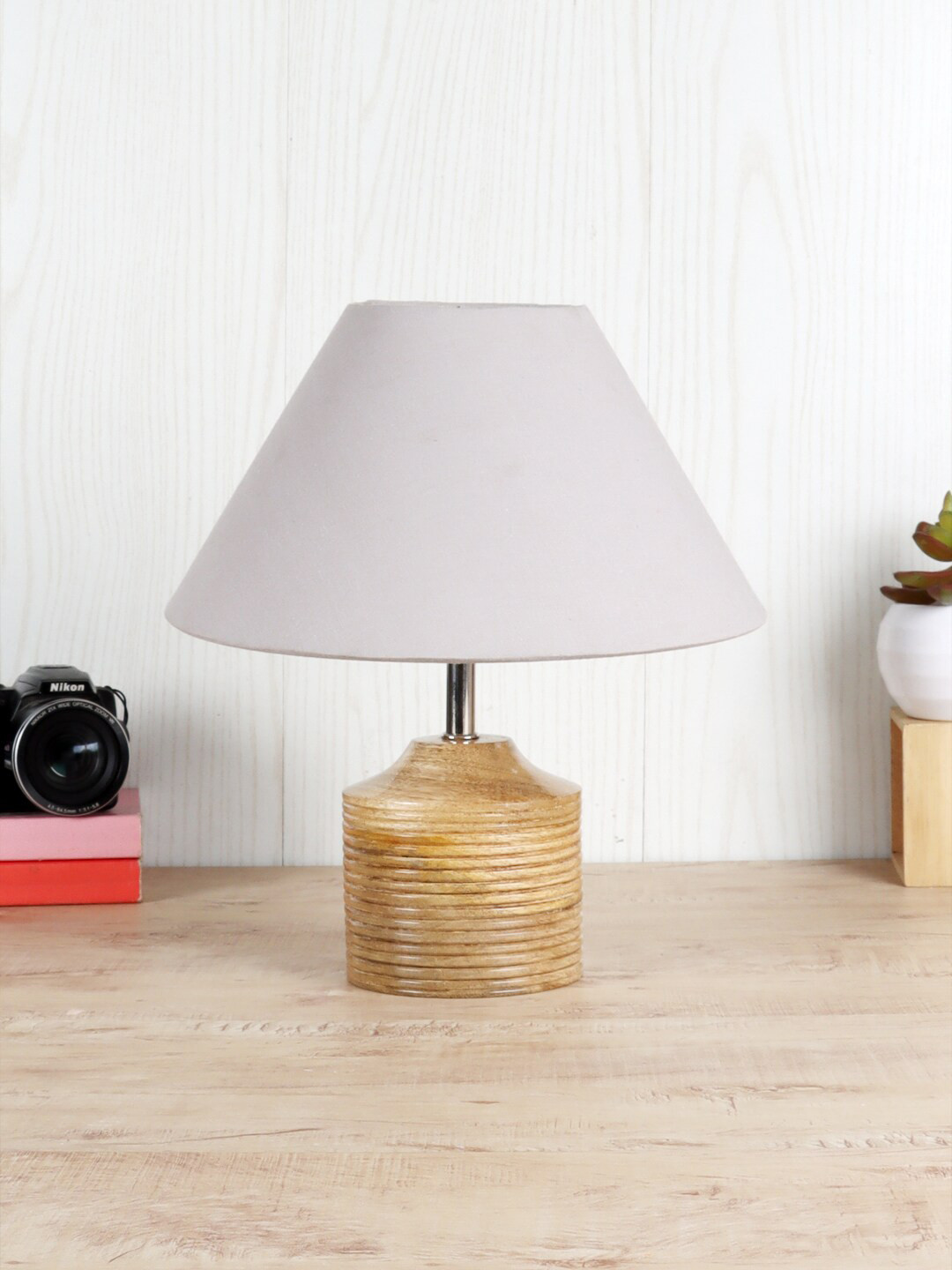 Devansh Grey Wood Table Lamp with Cotton Shade