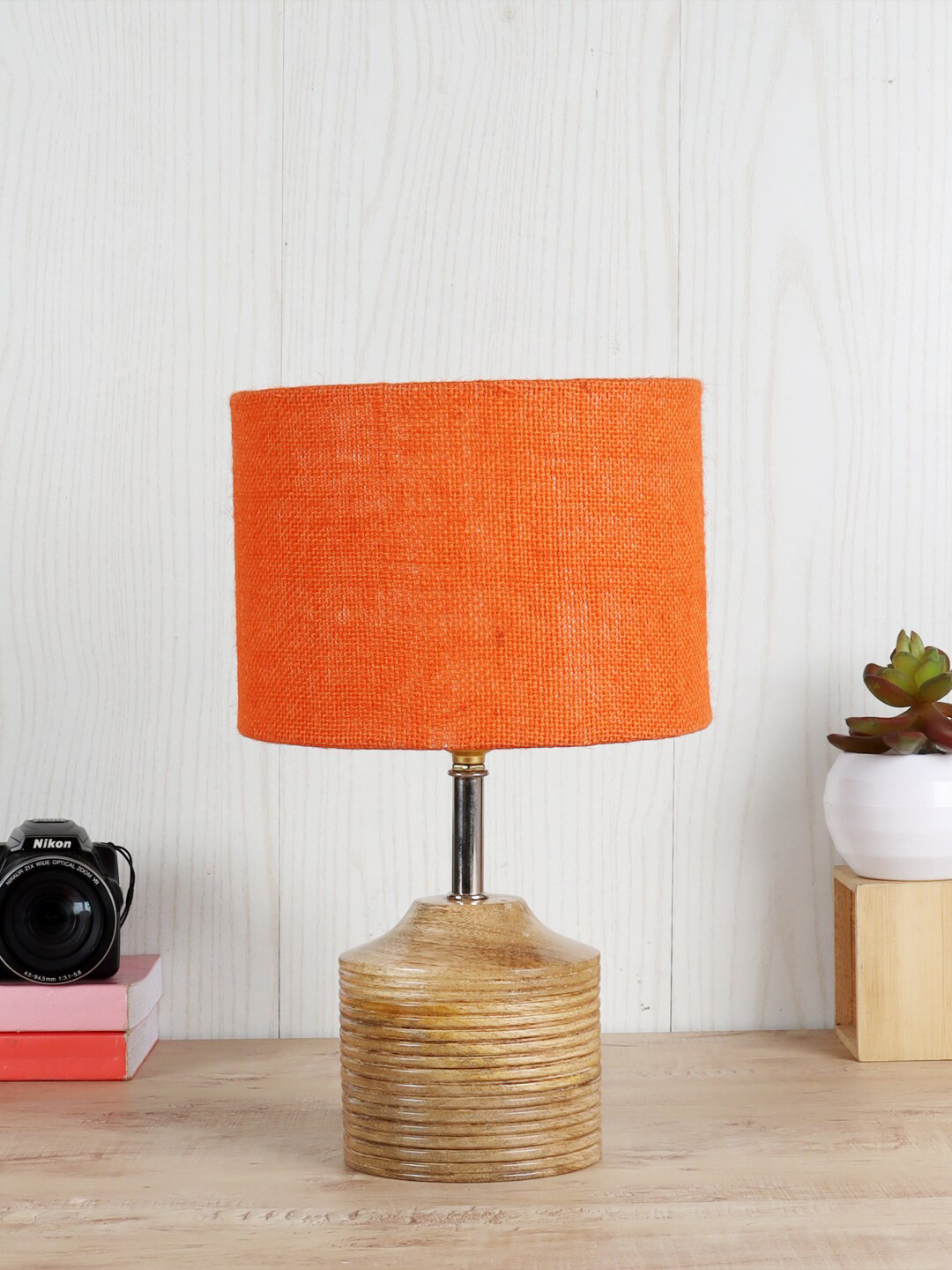 Devansh Orange Cylindrical Shaped Jute Shade Table Lamp With Wooden Stand