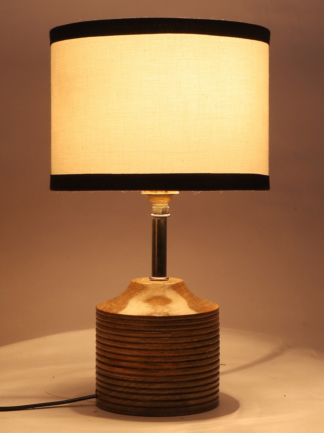 Devansh White & Black Wood Table Lamp with Cotton Shade